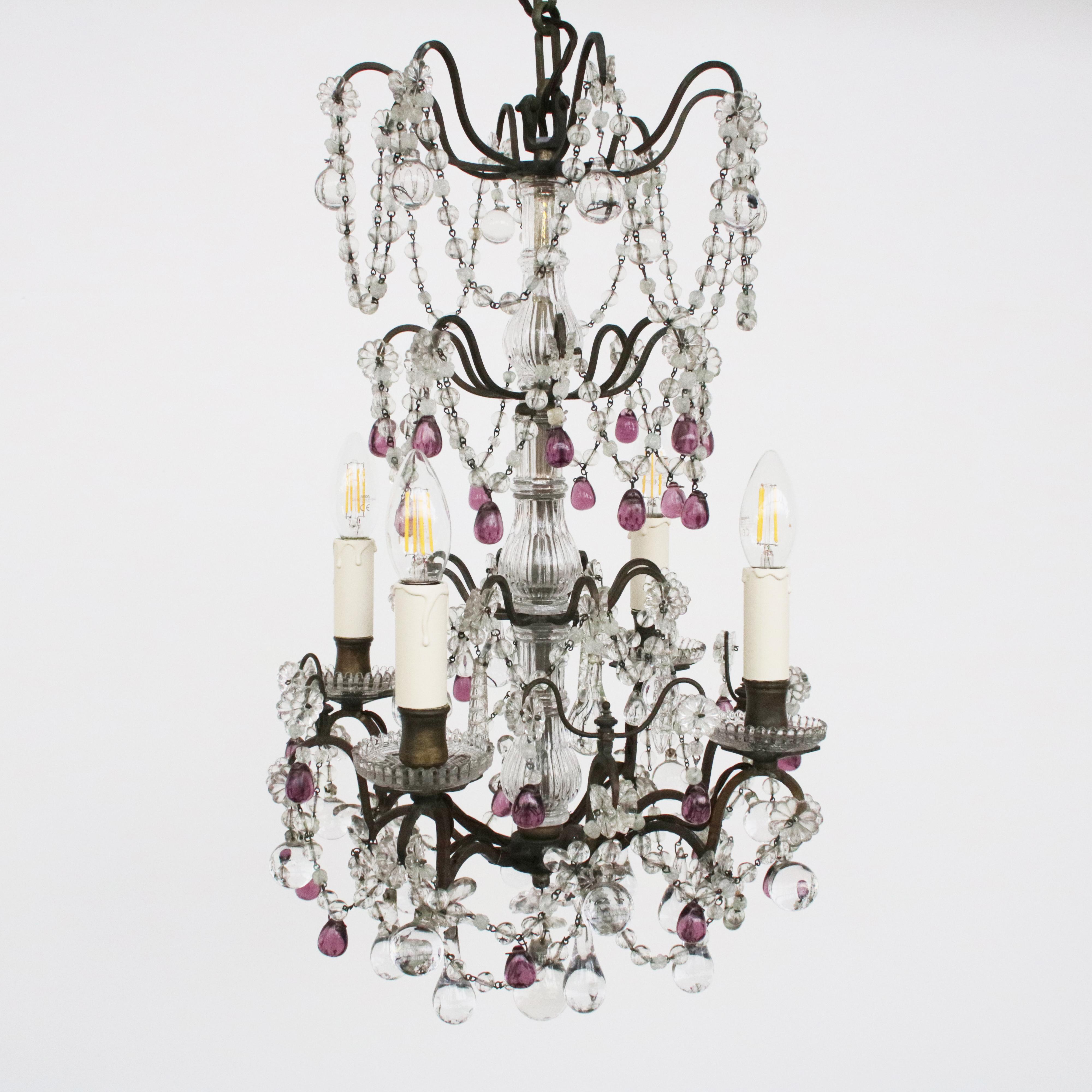 Edwardian French Brass and Glass Four-Arm Chandelier For Sale