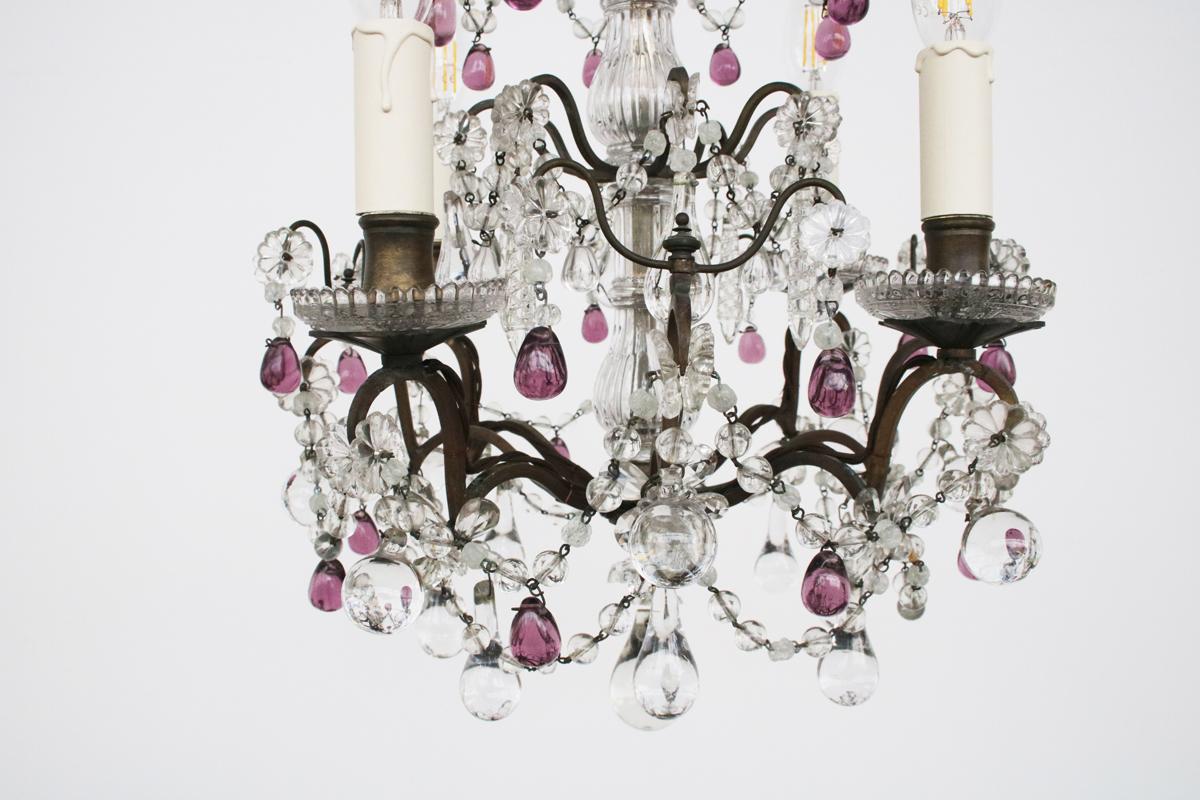 French Brass and Glass Four-Arm Chandelier For Sale 1