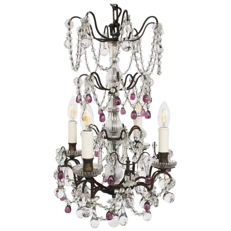 French Brass and Glass Four-Arm Chandelier
