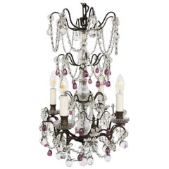 Antique French Brass and Glass Four-Arm Chandelier