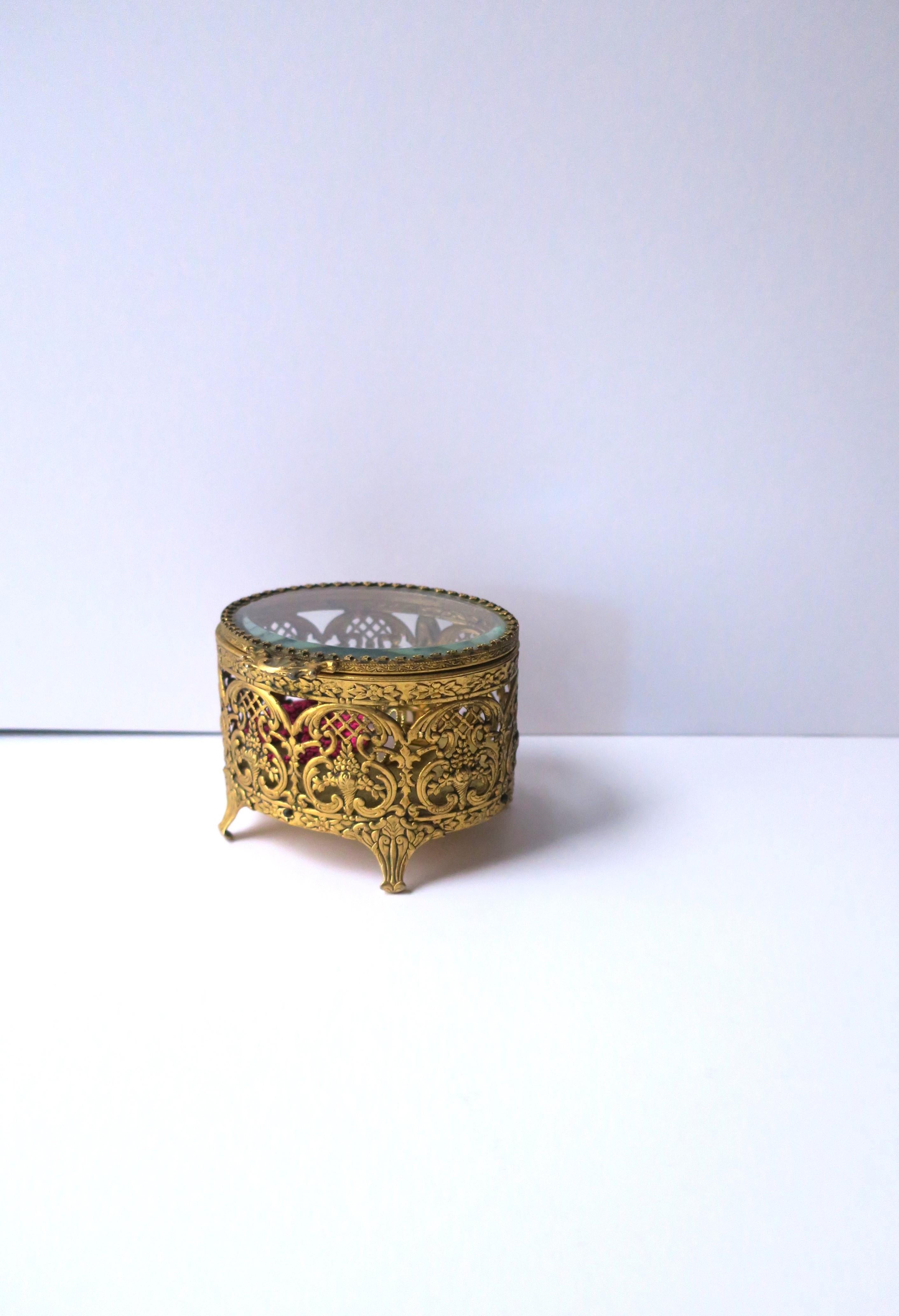 Beveled French Brass and Glass Jewelry Box For Sale