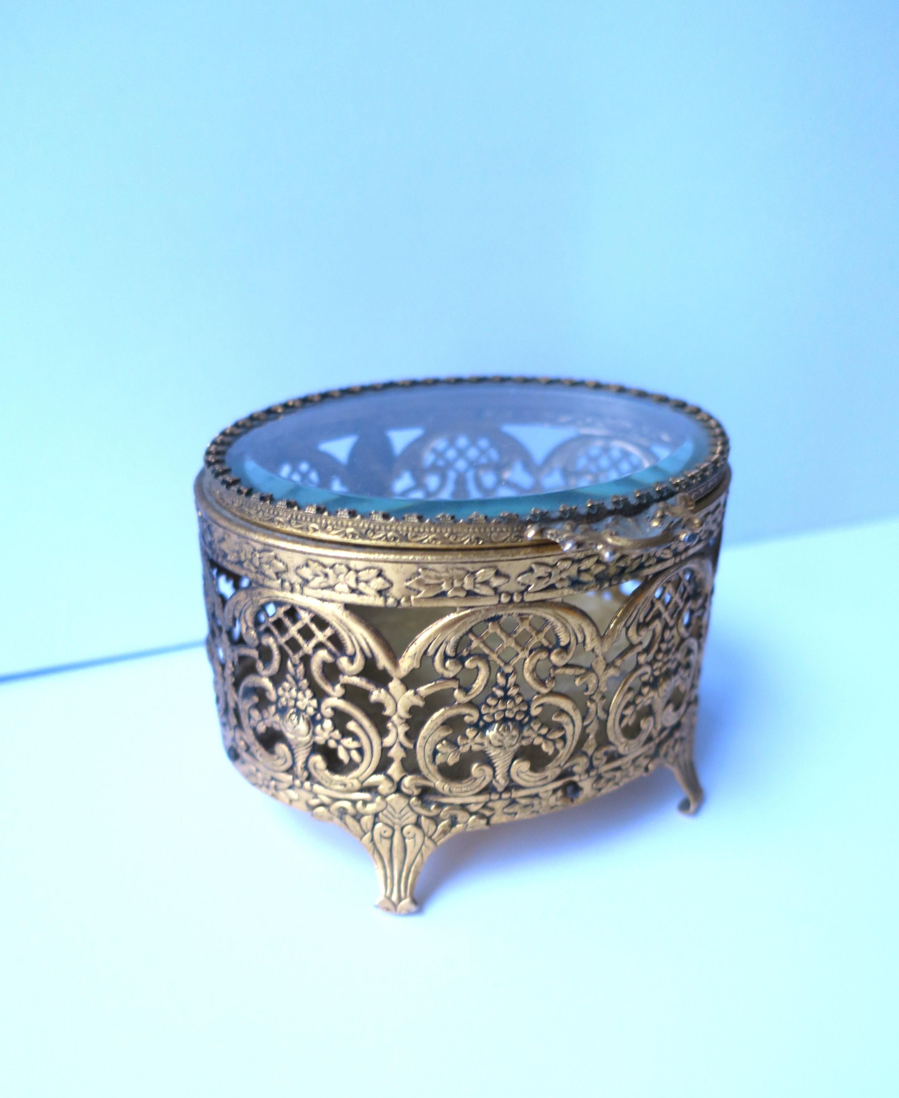 Velvet French Brass and Glass Jewelry Box For Sale