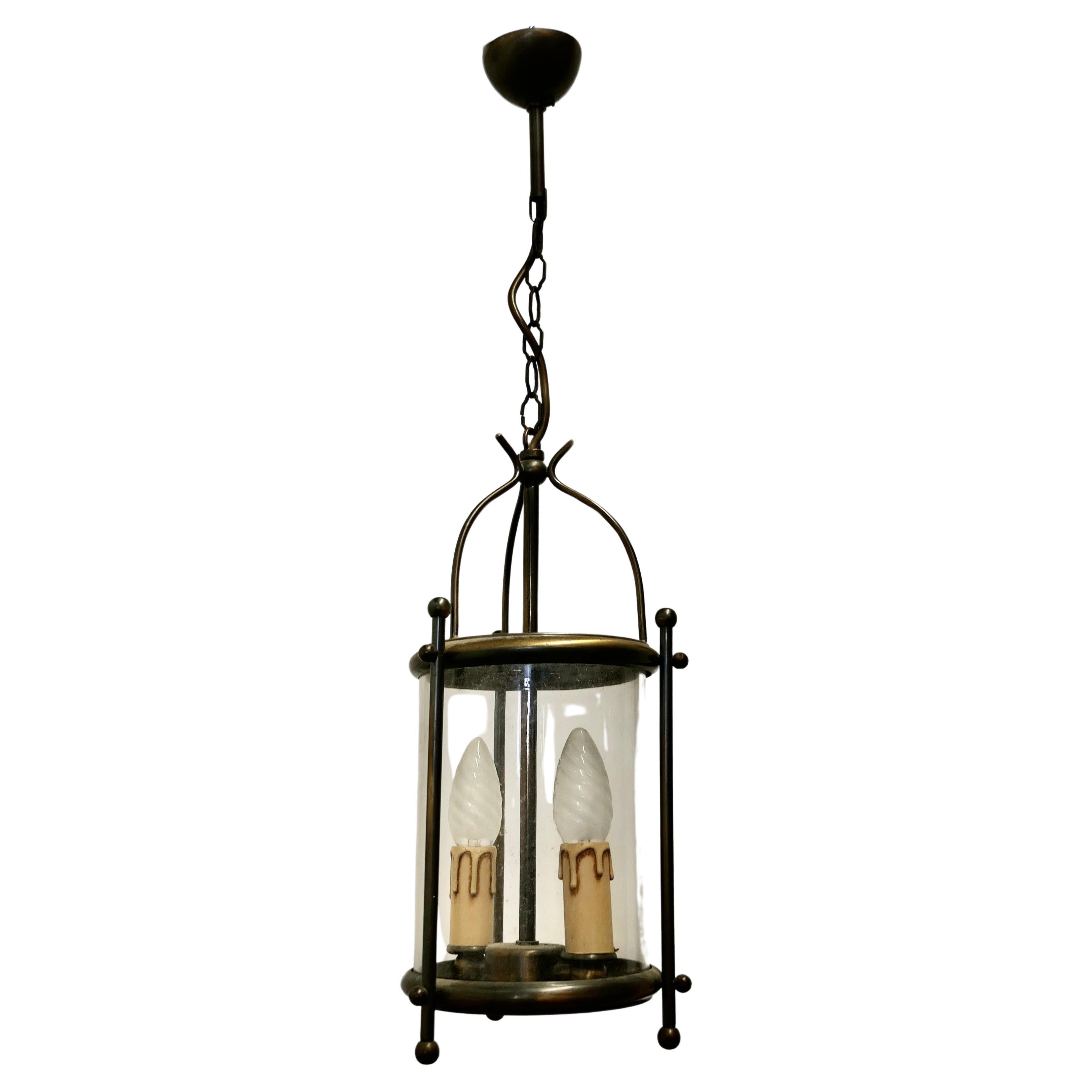 French Brass and Glass Lantern Hall Light  A traditional lantern For Sale