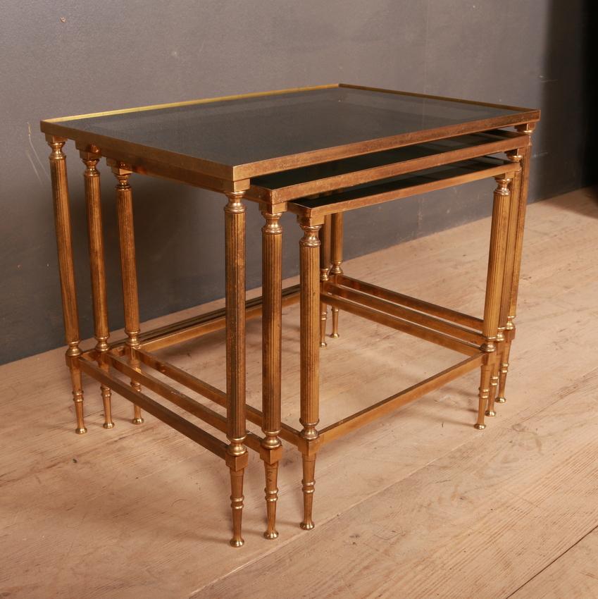 Hollywood Regency French Brass and Glass Nest of Tables For Sale