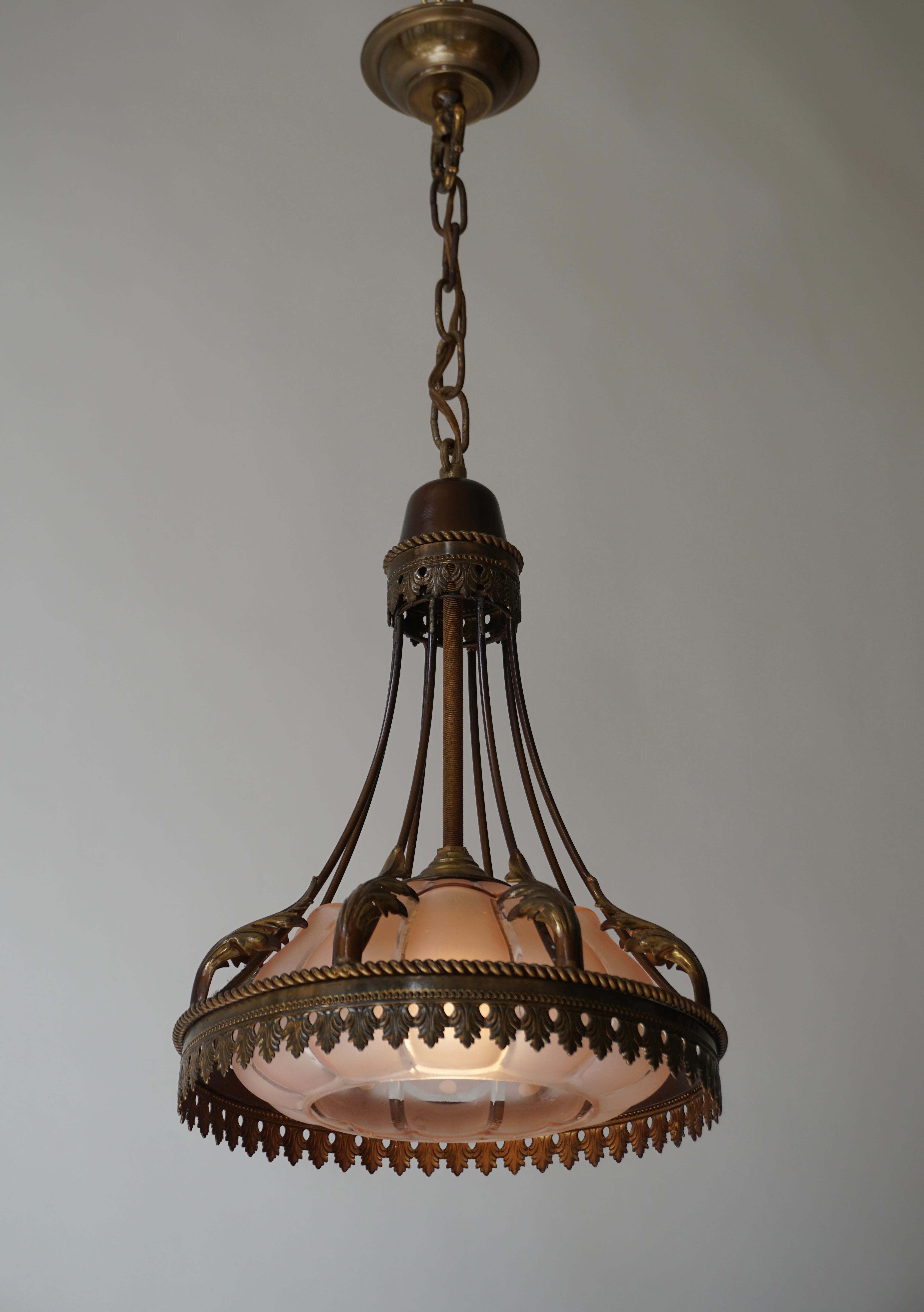 Mid-Century Modern French Brass and Glass Pendant, circa 1950s For Sale