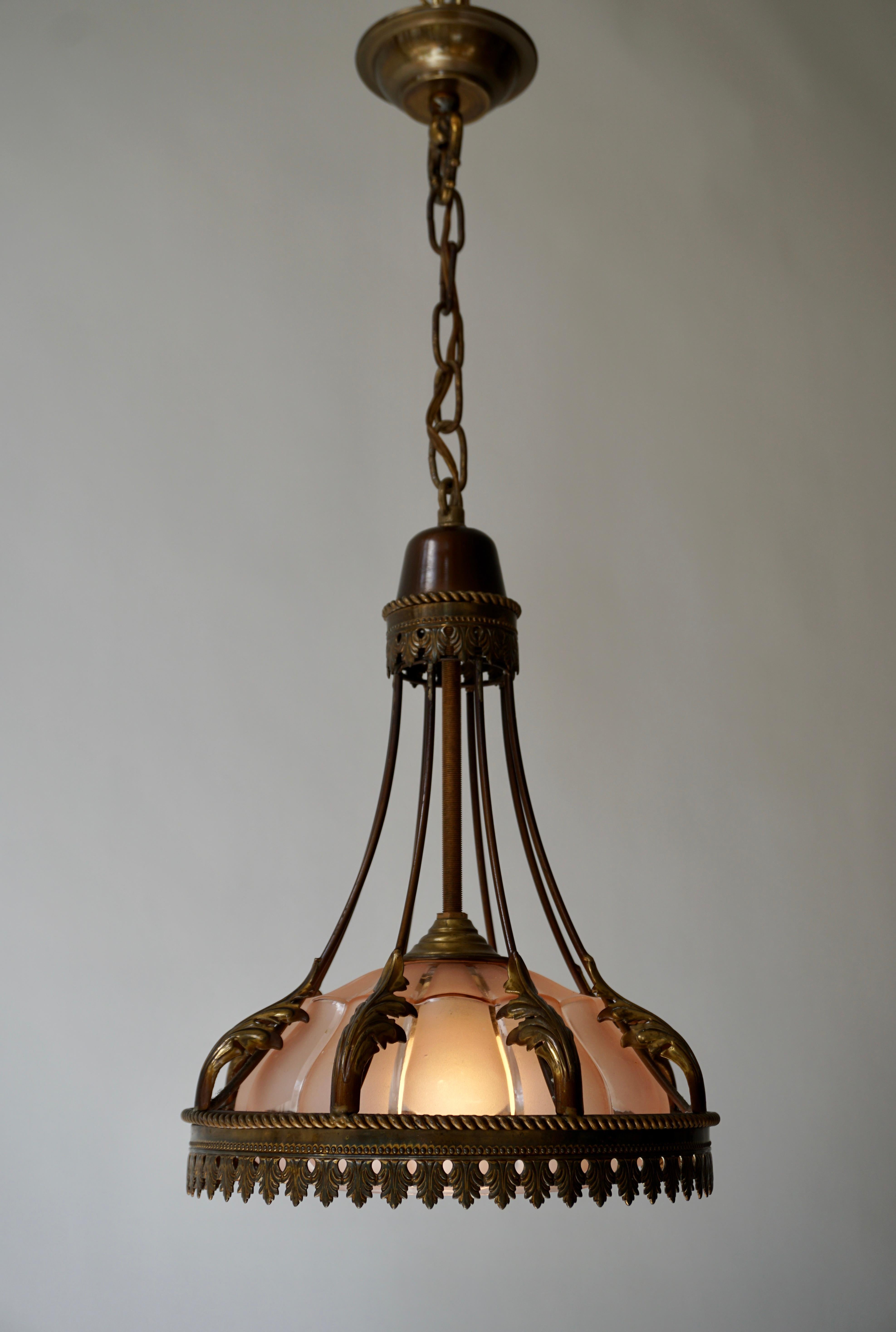 French Brass and Glass Pendant, circa 1950s In Good Condition For Sale In Antwerp, BE