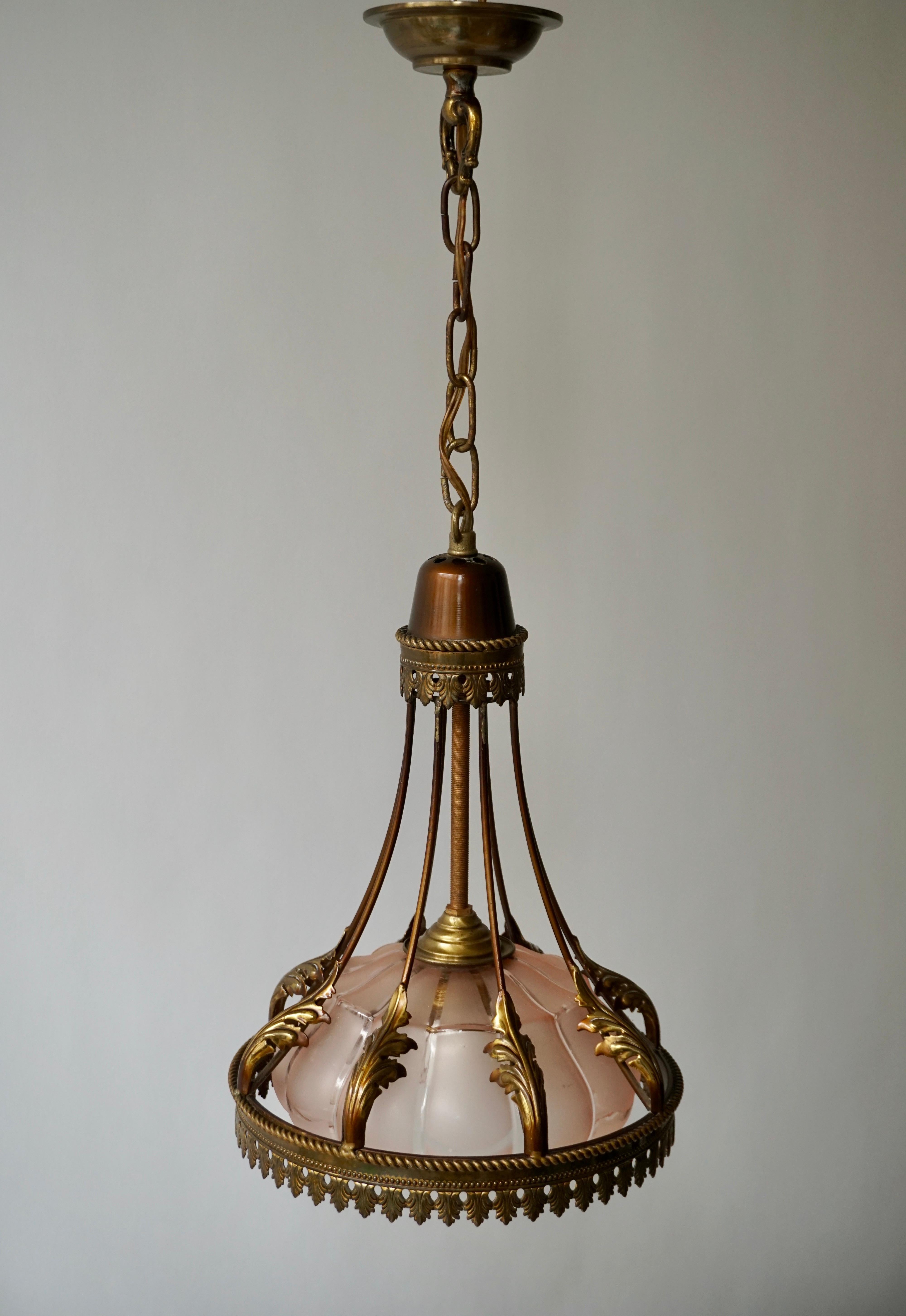 French Brass and Glass Pendant, circa 1950s For Sale 1