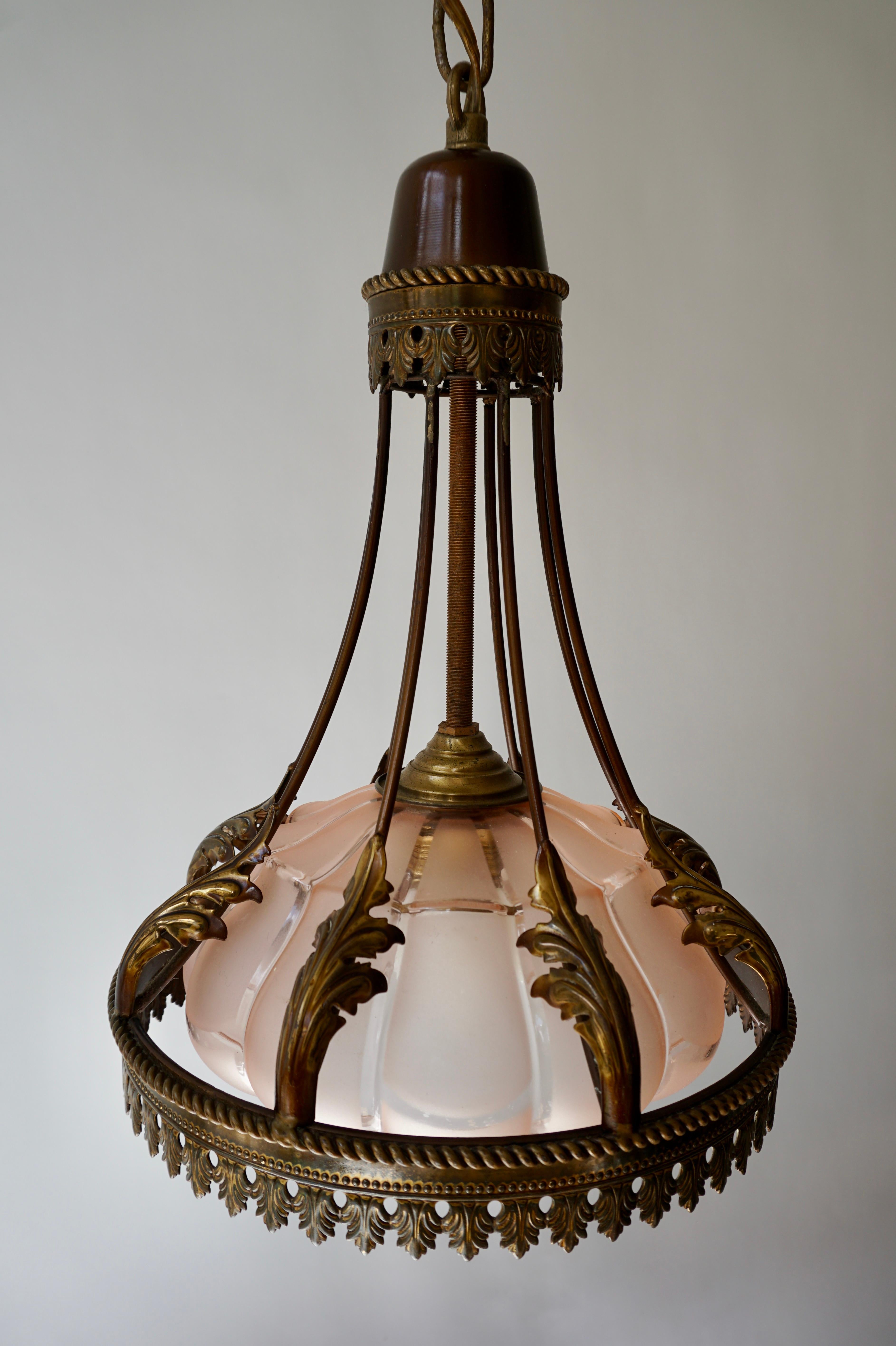 French Brass and Glass Pendant, circa 1950s For Sale 2