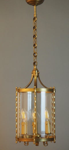 French Brass and Glass Three-Light Pendant, Cylindrical Lantern, circa 1960s
