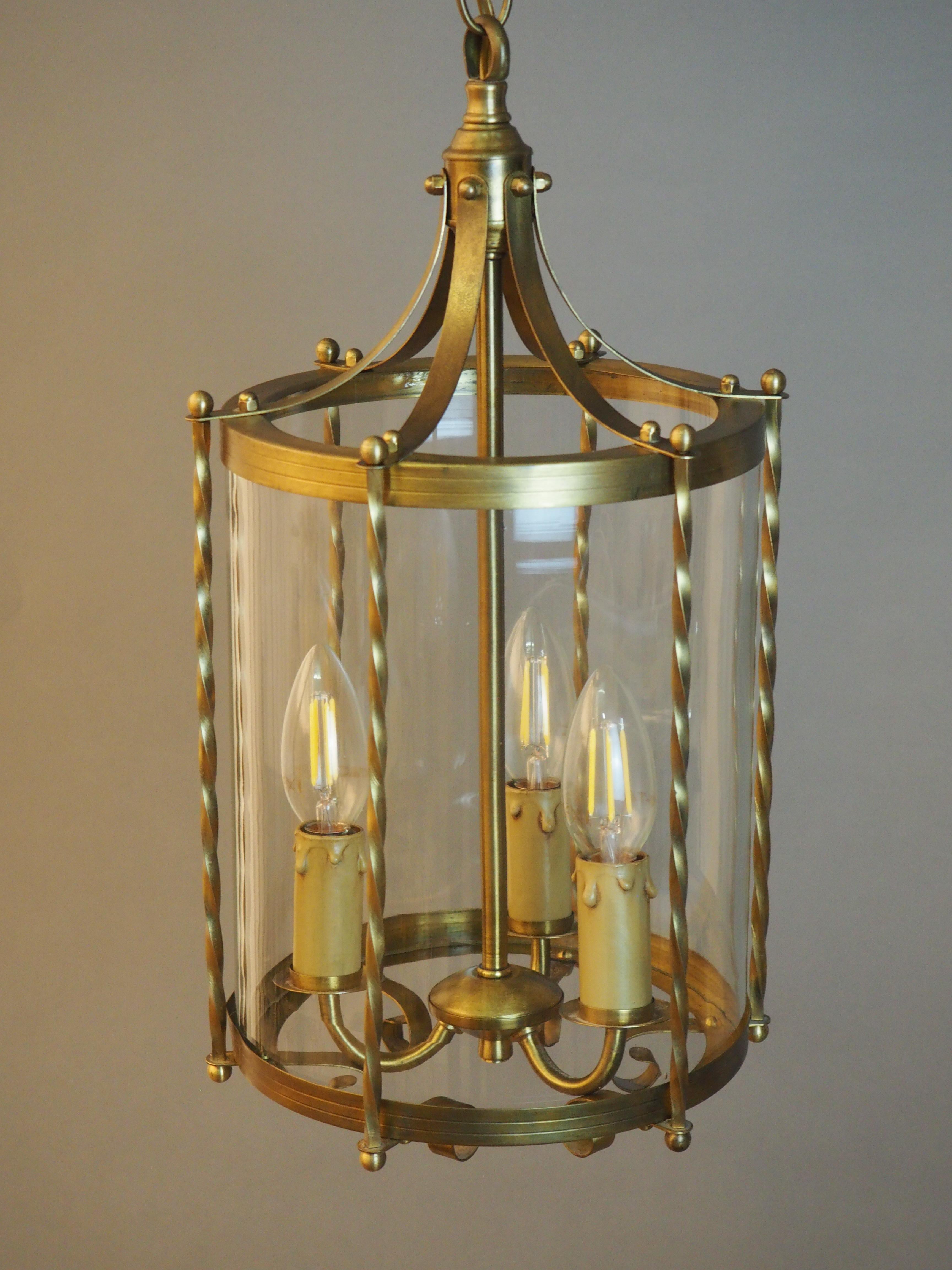 Mid-Century Modern French Brass and Glass Three-Light Pendant, Cylindrical Lantern, circa 1960s For Sale