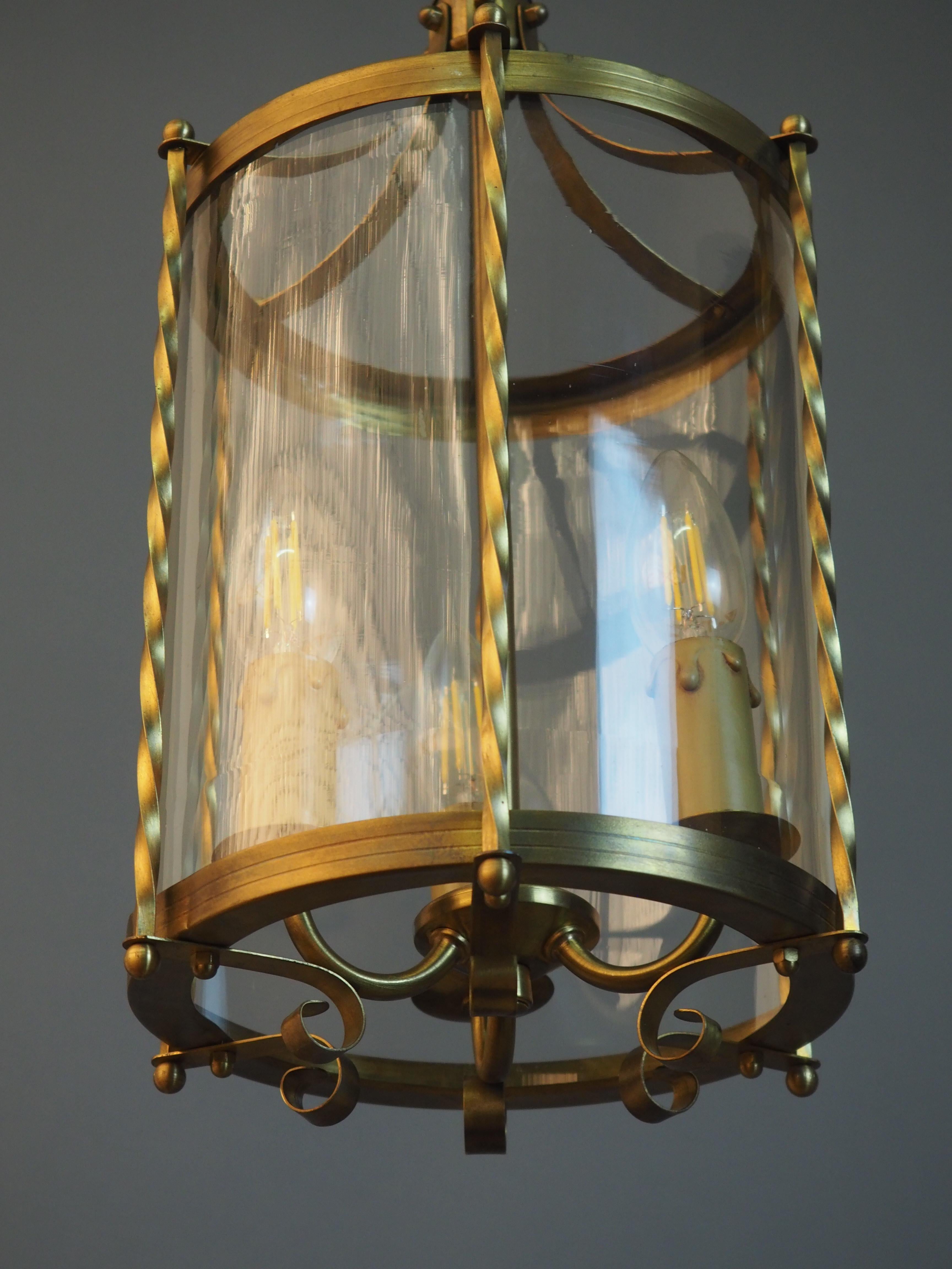 Mid-20th Century French Brass and Glass Three-Light Pendant, Cylindrical Lantern, circa 1960s For Sale