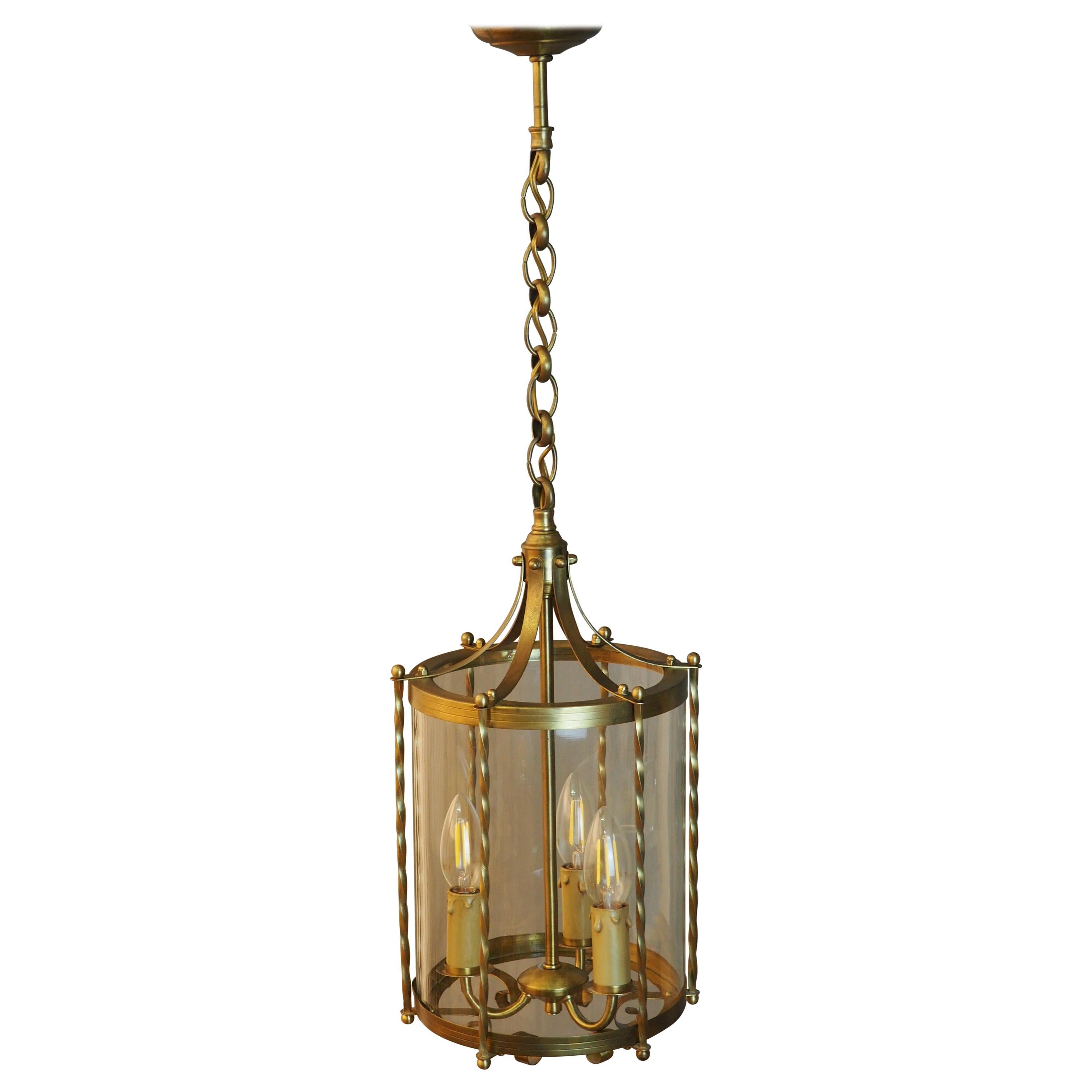 French Brass and Glass Three-Light Pendant, Cylindrical Lantern, circa 1960s For Sale