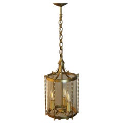 Vintage French Brass and Glass Three-Light Pendant, Cylindrical Lantern, circa 1960s