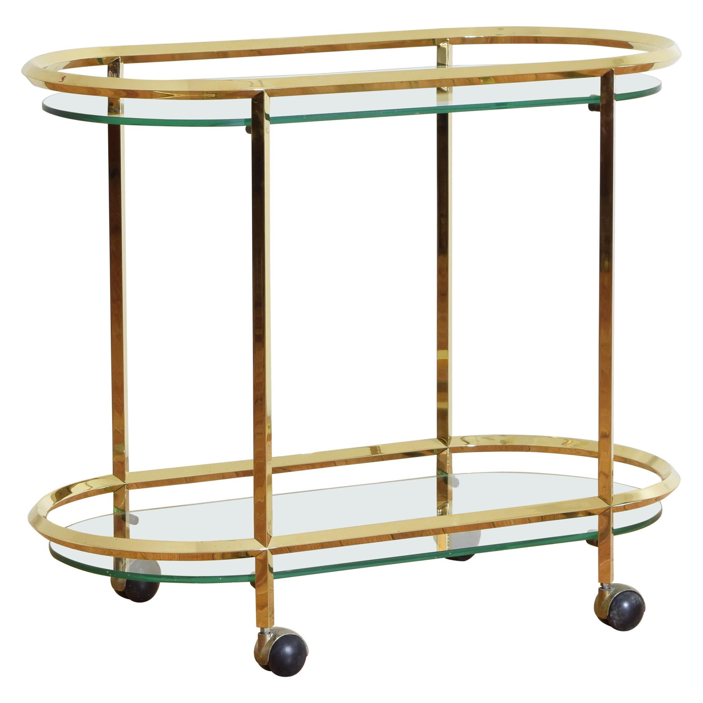 French Brass and Glass Two-Tier Disco Rectangular Bar Cart, Mid-20th Century