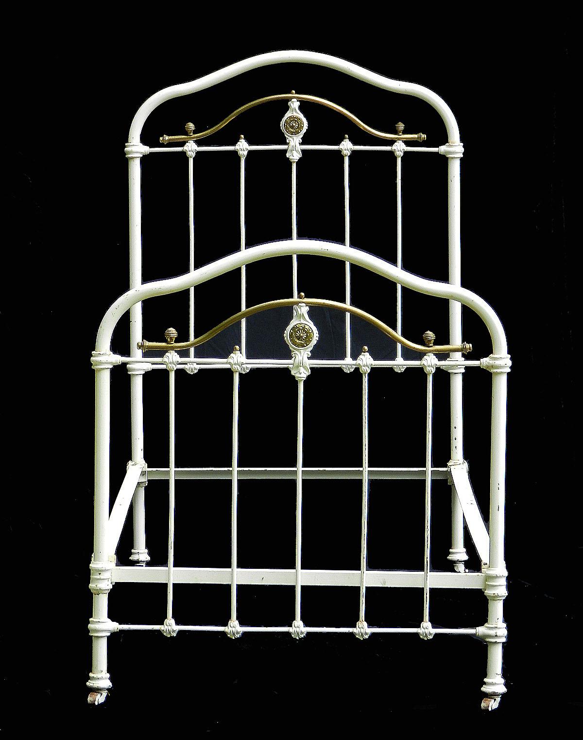 Late Victorian French Brass and Iron Bed Single with Wood Slat Base Original Paint, circa 1890