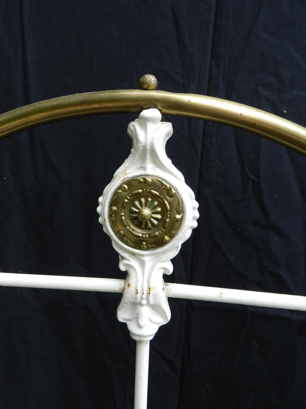 Painted French Brass and Iron Bed Single with Wood Slat Base Original Paint, circa 1890