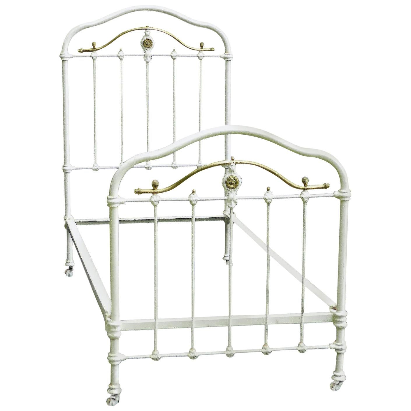 French Brass and Iron Bed Single with Wood Slat Base Original Paint, circa 1890