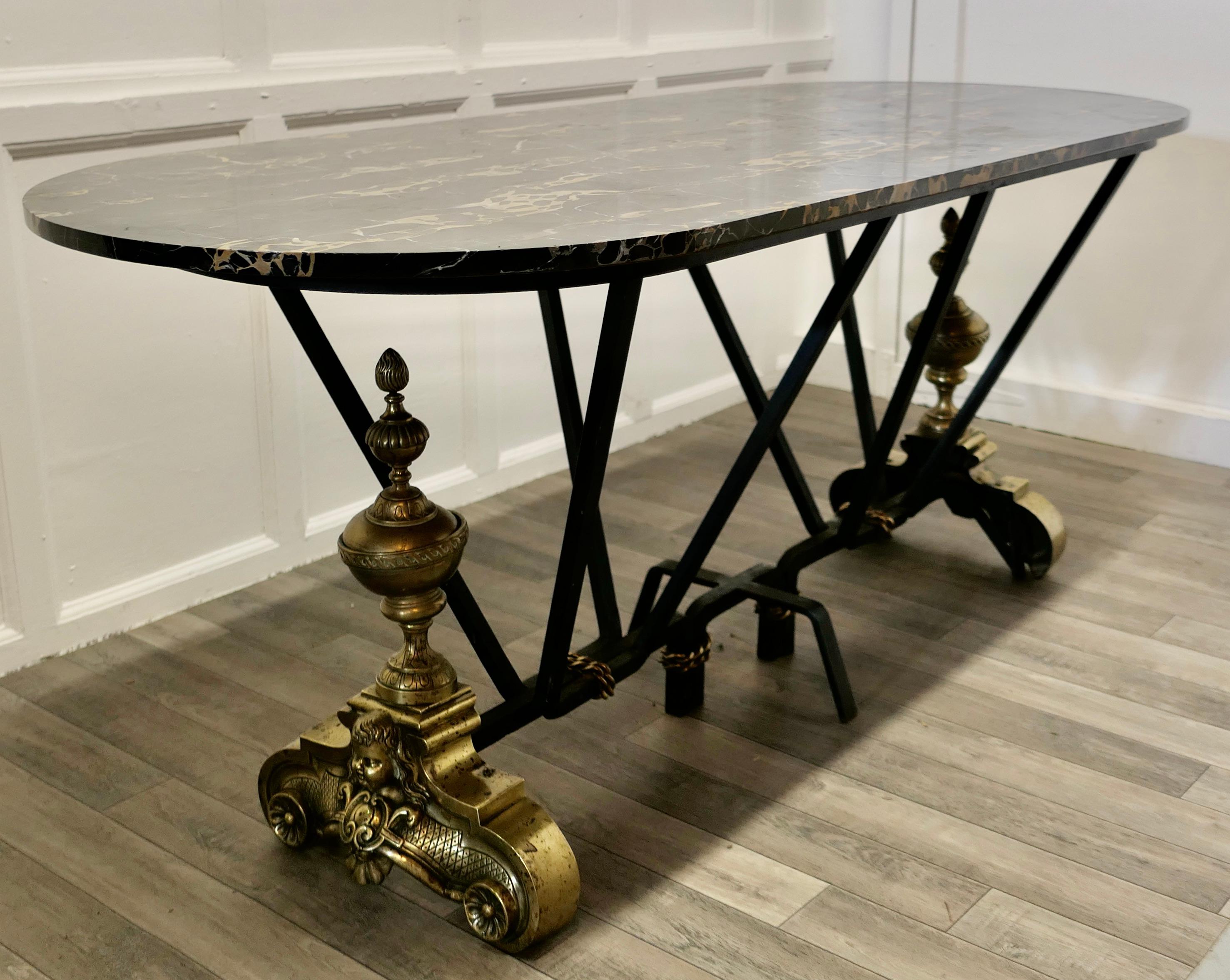 Arts and Crafts French Brass and Iron Marble Top Centre Table For Sale