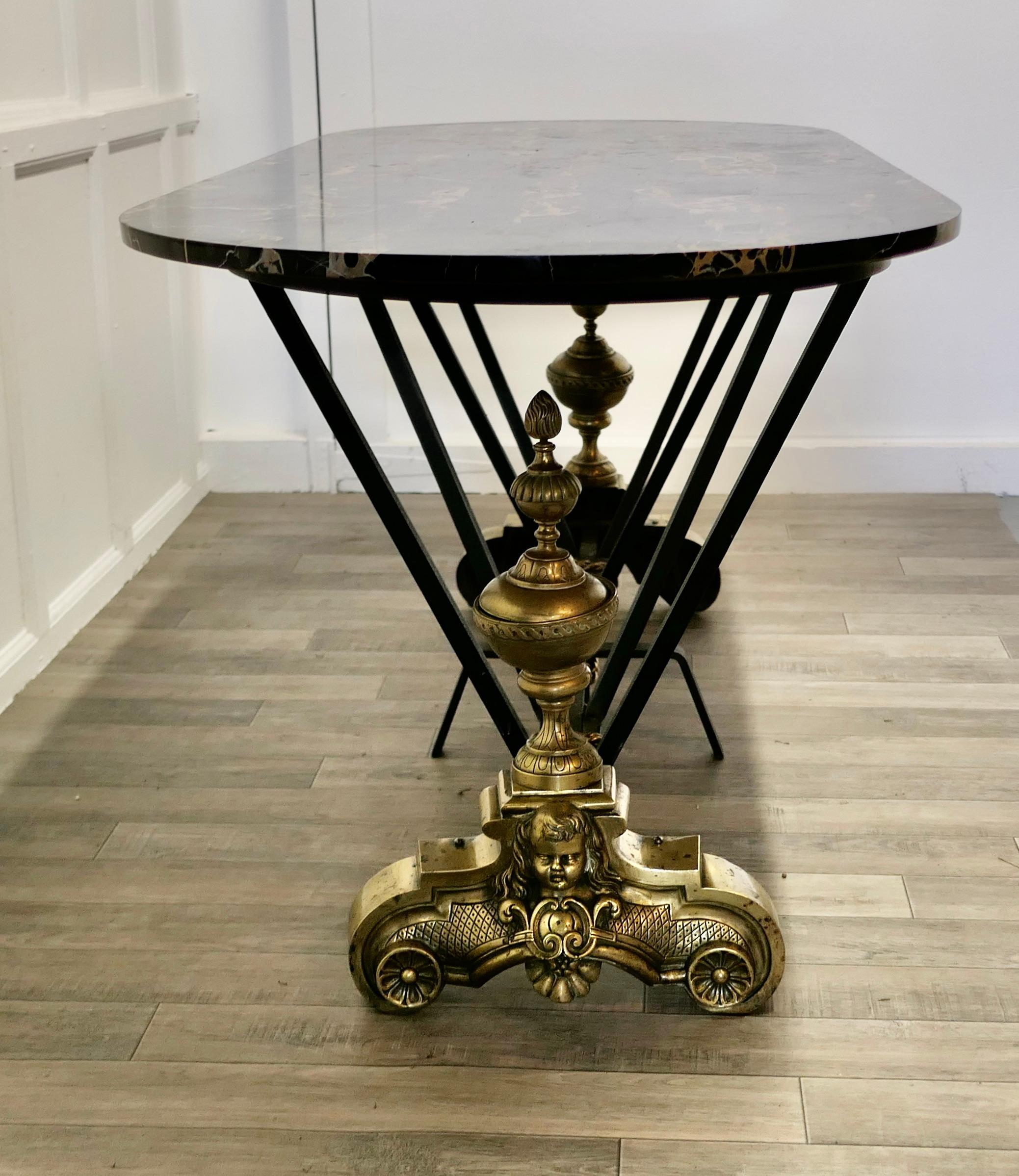 20th Century French Brass and Iron Marble Top Centre Table For Sale
