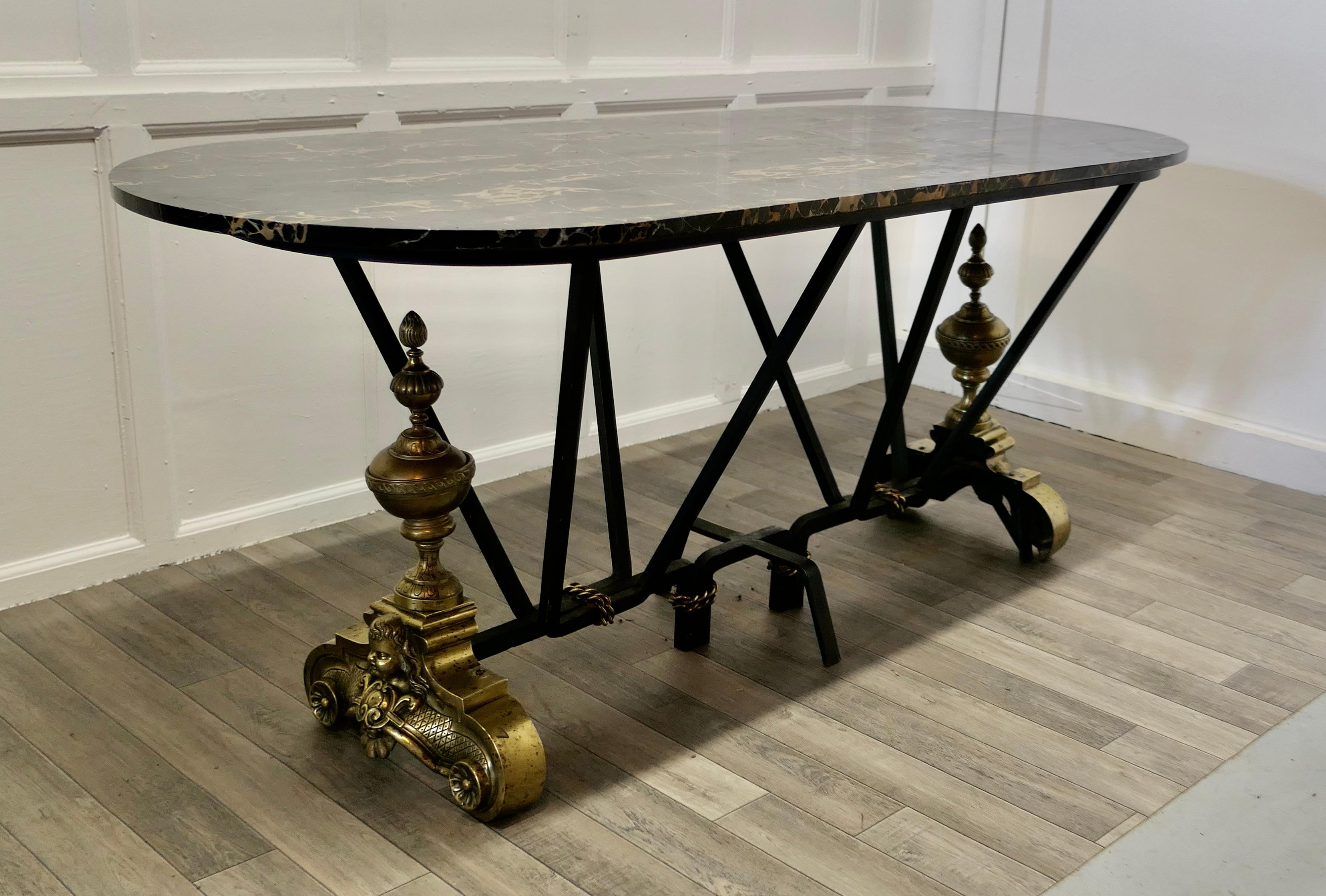 French Brass and Iron Marble Top Centre Table For Sale 1