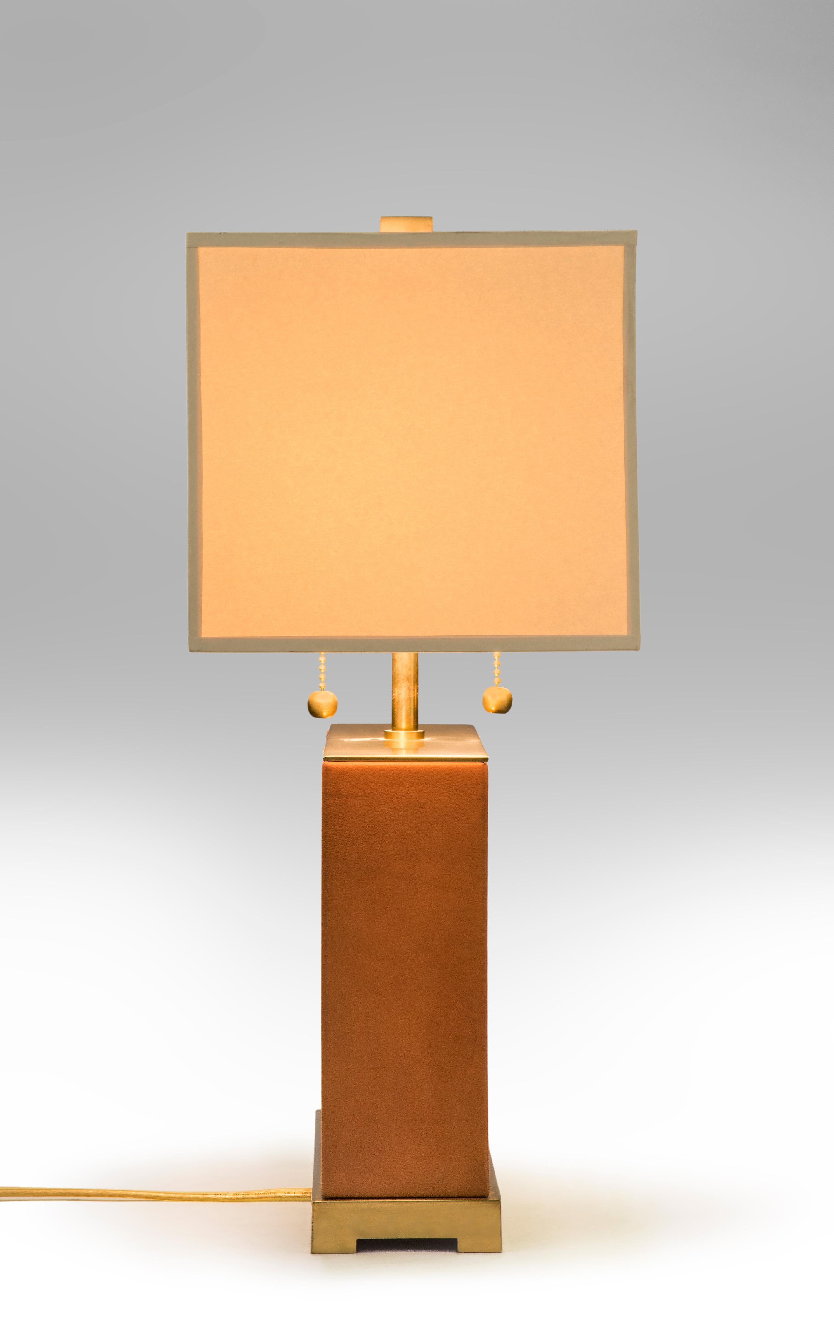 Modern French Brass and Leather Lamp