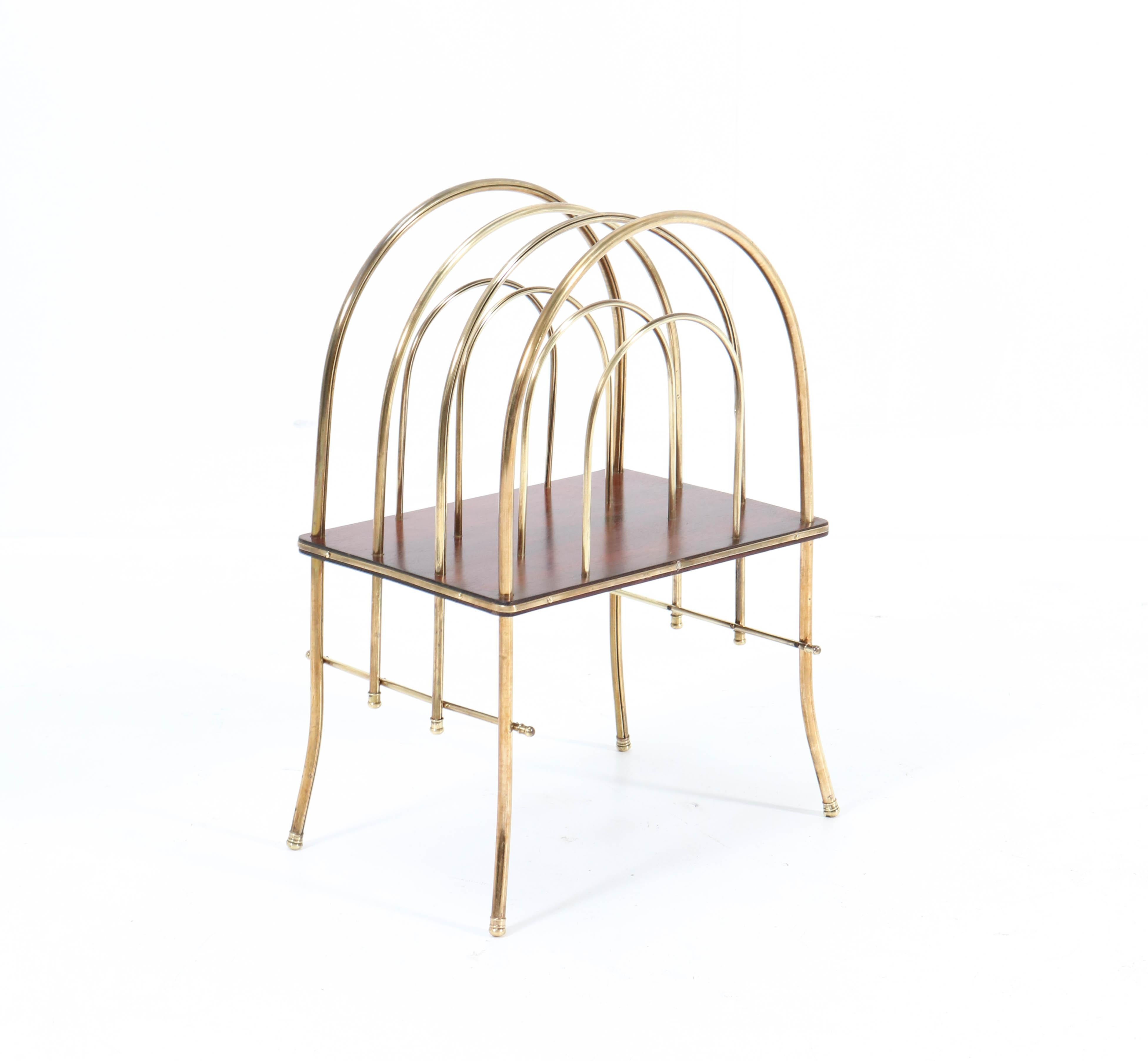 Early 20th Century French Brass and Mahogany Art Nouveau Magazine Rack, 1900s For Sale