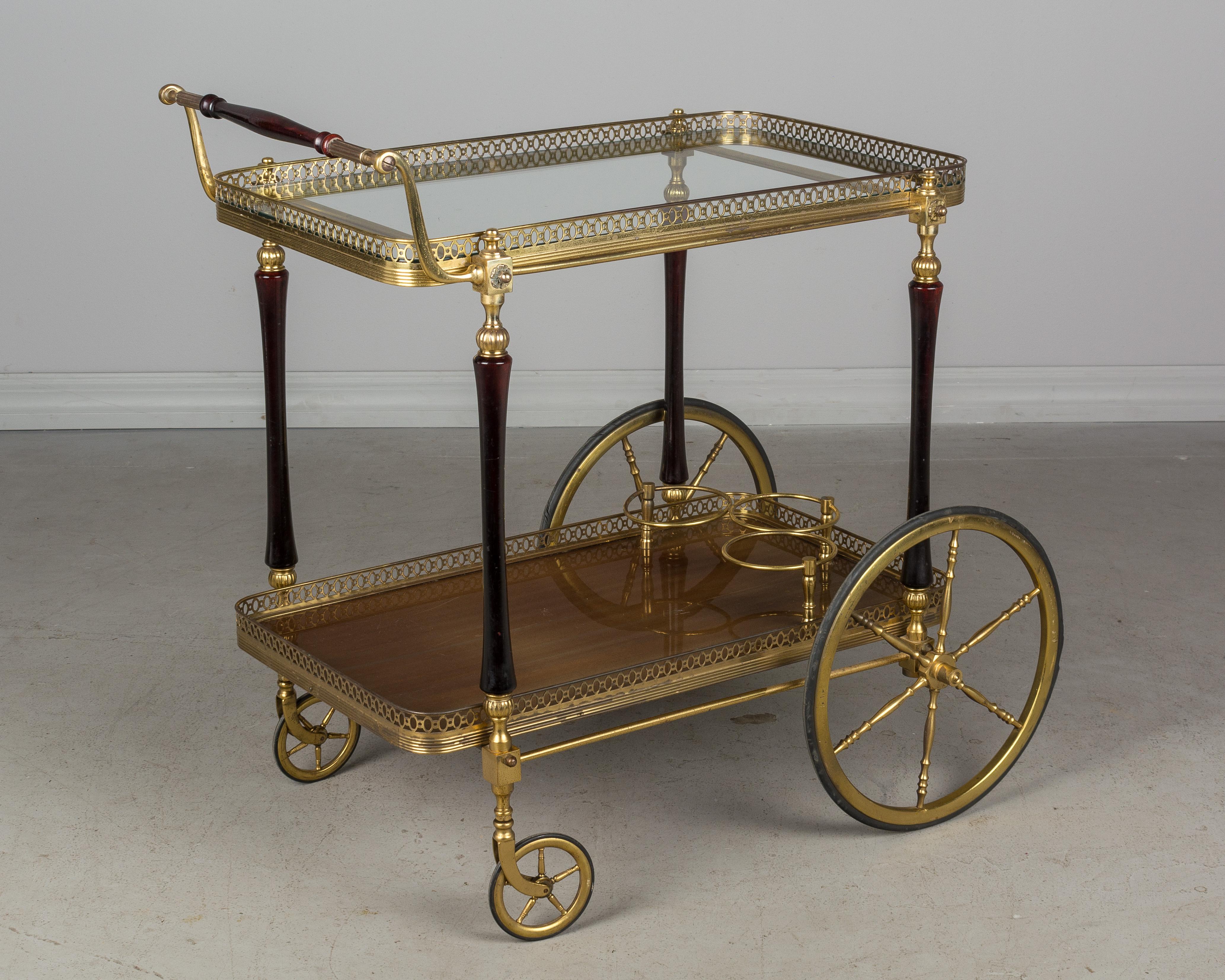 French Brass and Mahogany Bar Cart In Good Condition In Winter Park, FL