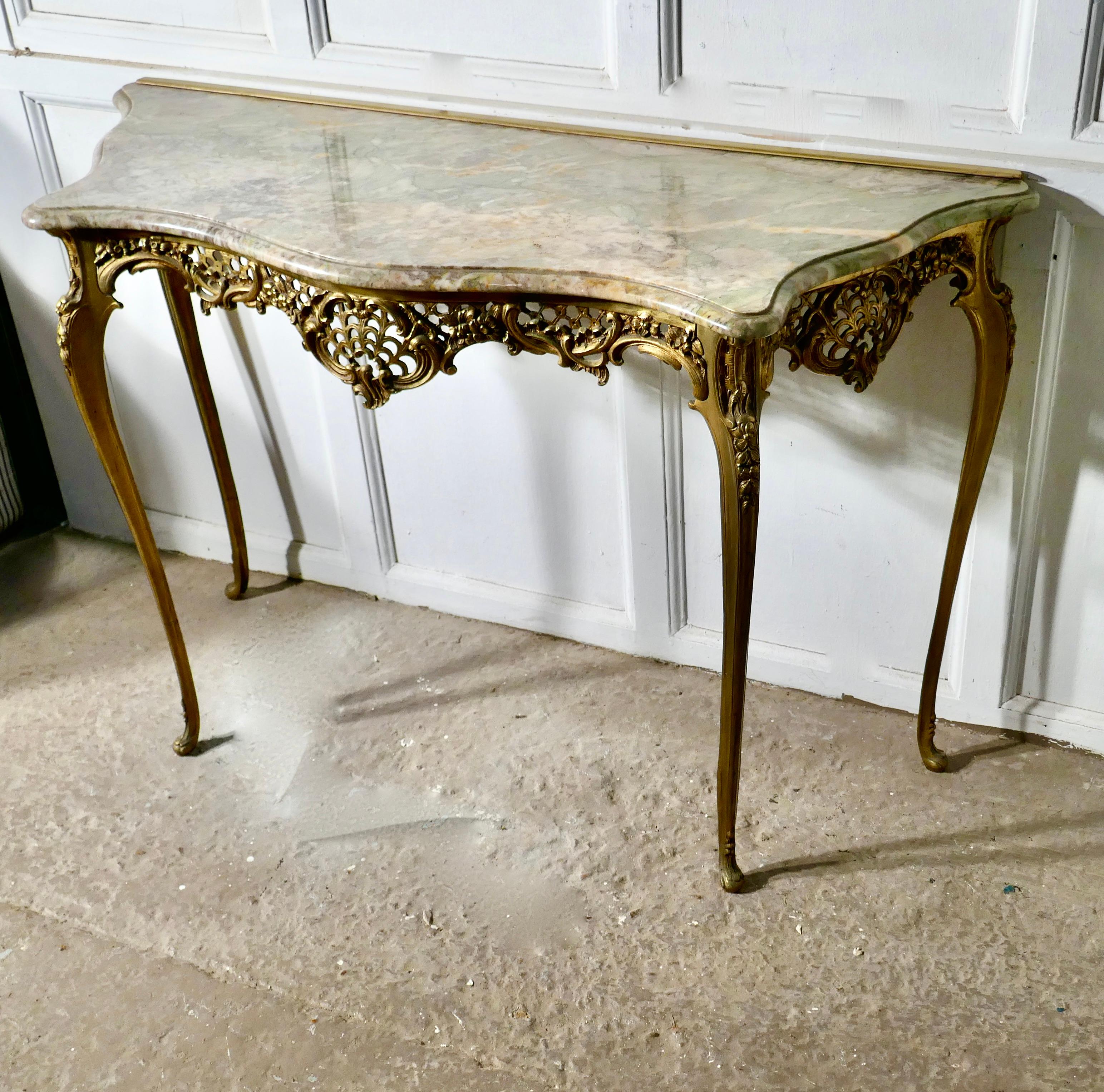 Baroque French Brass and Marble Console Table with Matching Cushion Mirror