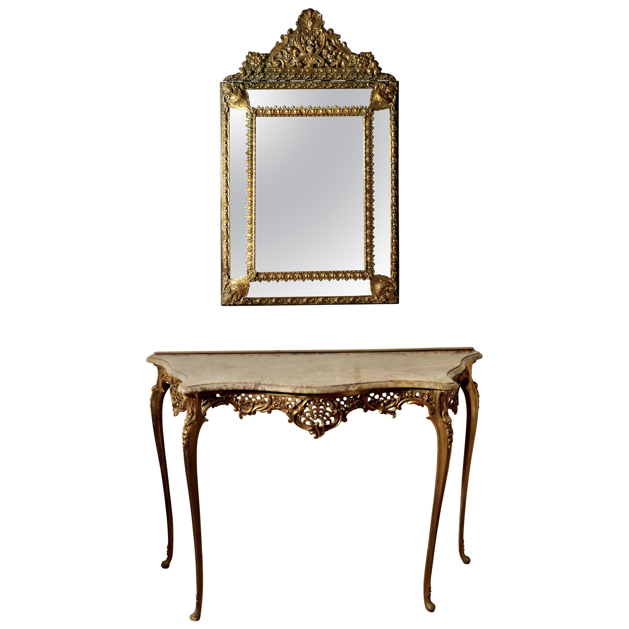 French Brass and Marble Console Table with Matching Cushion Mirror