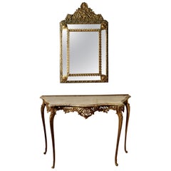 Antique French Brass and Marble Console Table with Matching Cushion Mirror