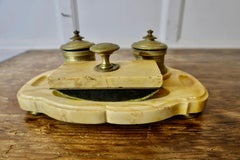French Brass and Marble Desk Inkwell Stand