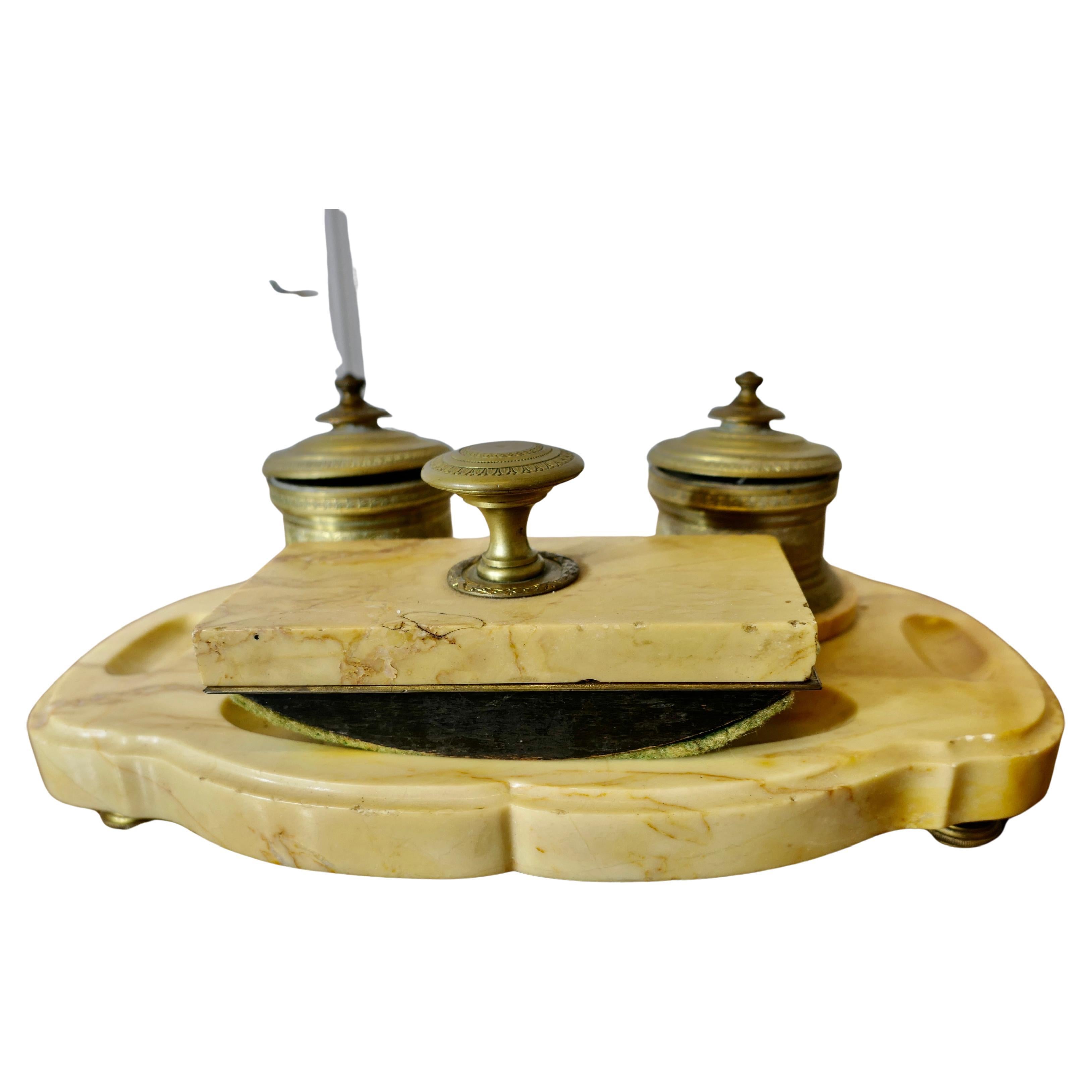 French Brass and Marble Desk Inkwell Stand
