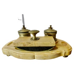 Antique French Brass and Marble Desk Inkwell Stand