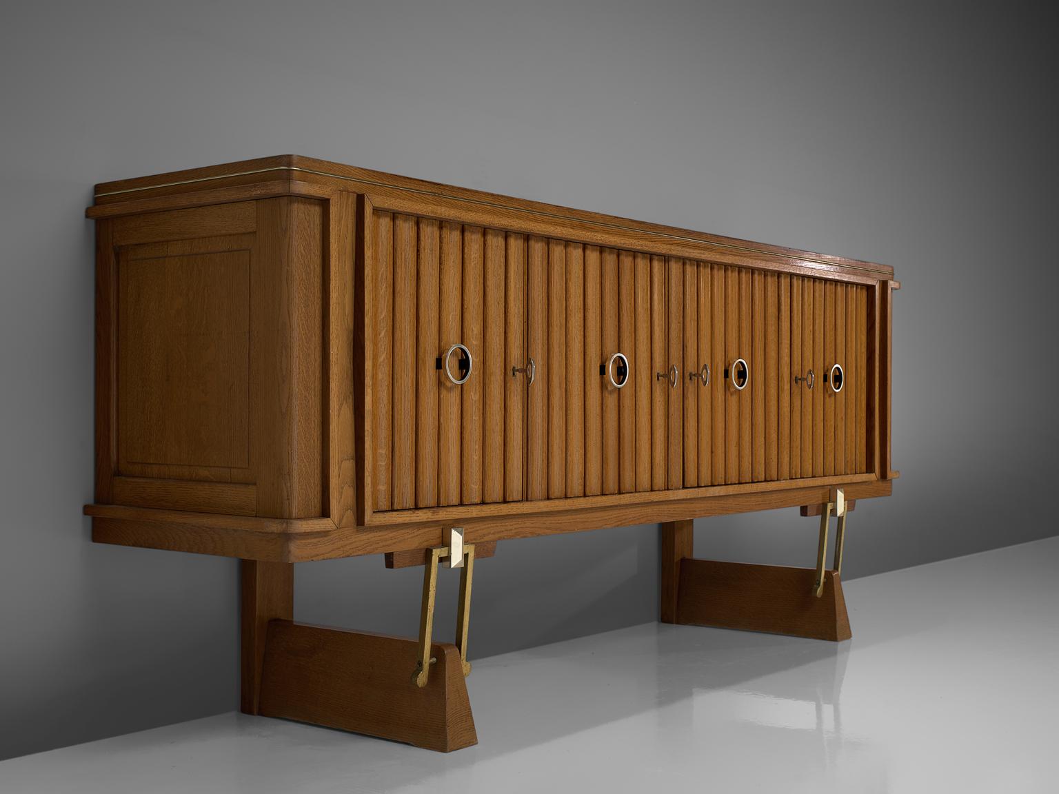Mid-20th Century French Brass and Oak Credenza