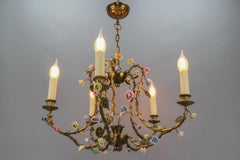 French Brass and Porcelain Flower Five-Light Chandelier, 1920s