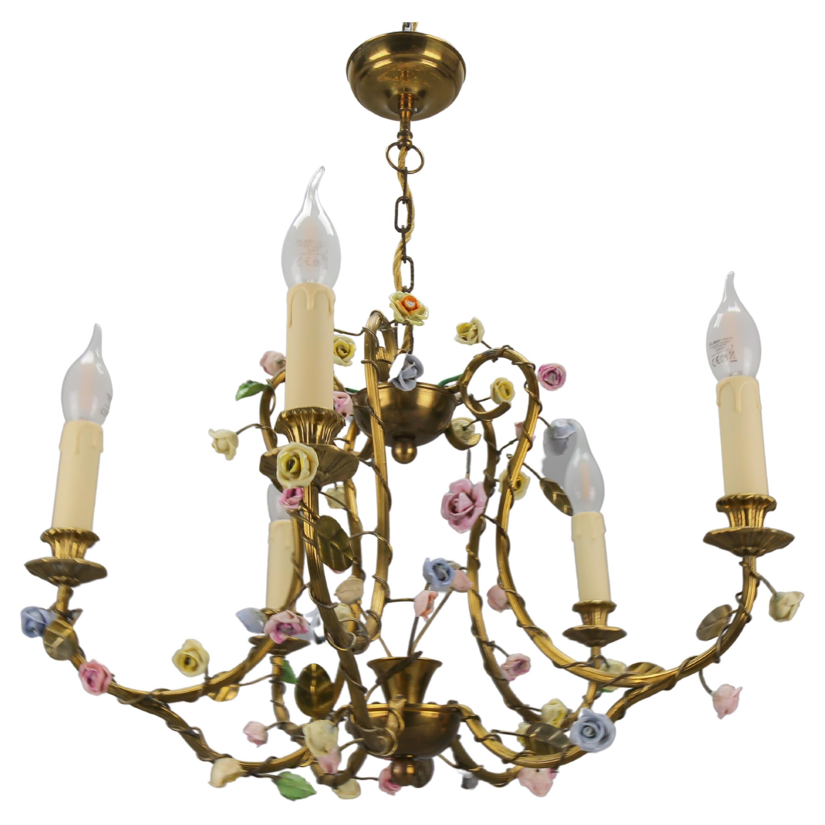 French Brass and Porcelain Flower Five-Light Chandelier, 1920s For Sale