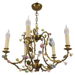 French Brass and Porcelain Flower Five-Light Chandelier, 1920s
