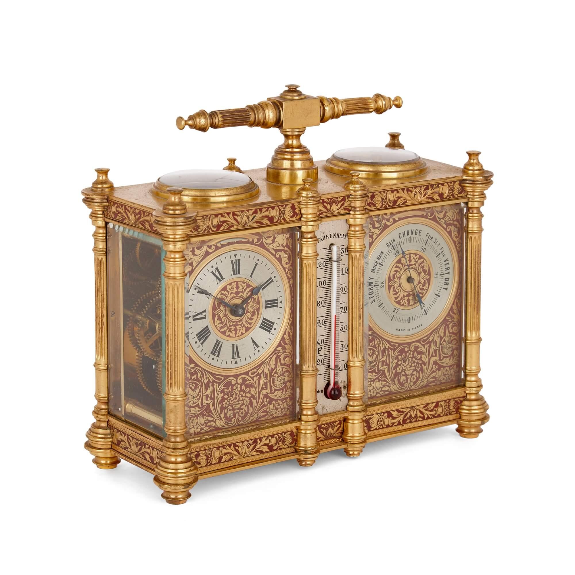 French brass and red enamel compendium carriage clock and barometer
French, late 19th Century
Height 16cm, width 17cm, depth 7cm

With the clock to the left and barometer to the right, this beautiful compendium clock and barometer, designed as a