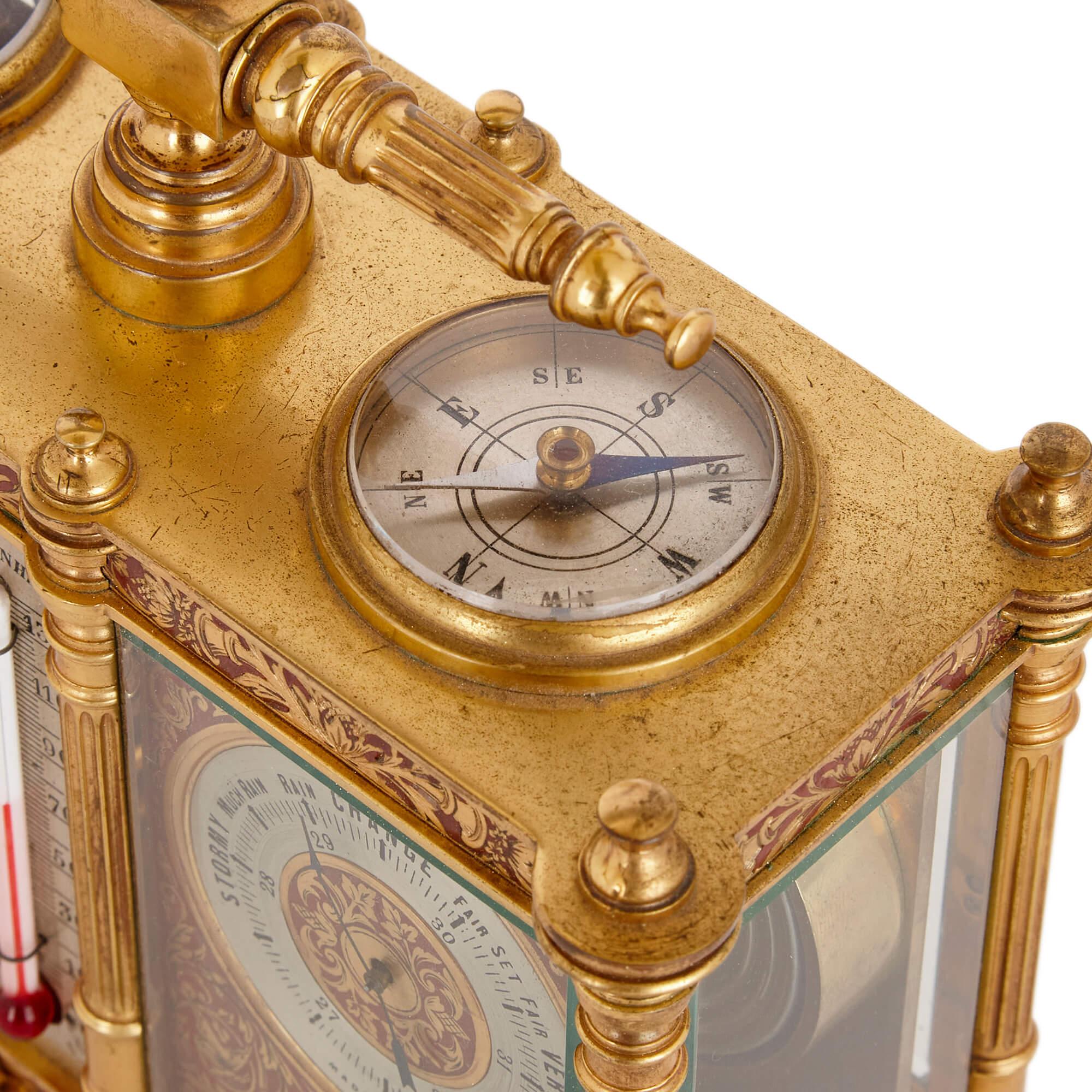 Belle Époque French brass and red enamel compendium carriage clock and barometer For Sale