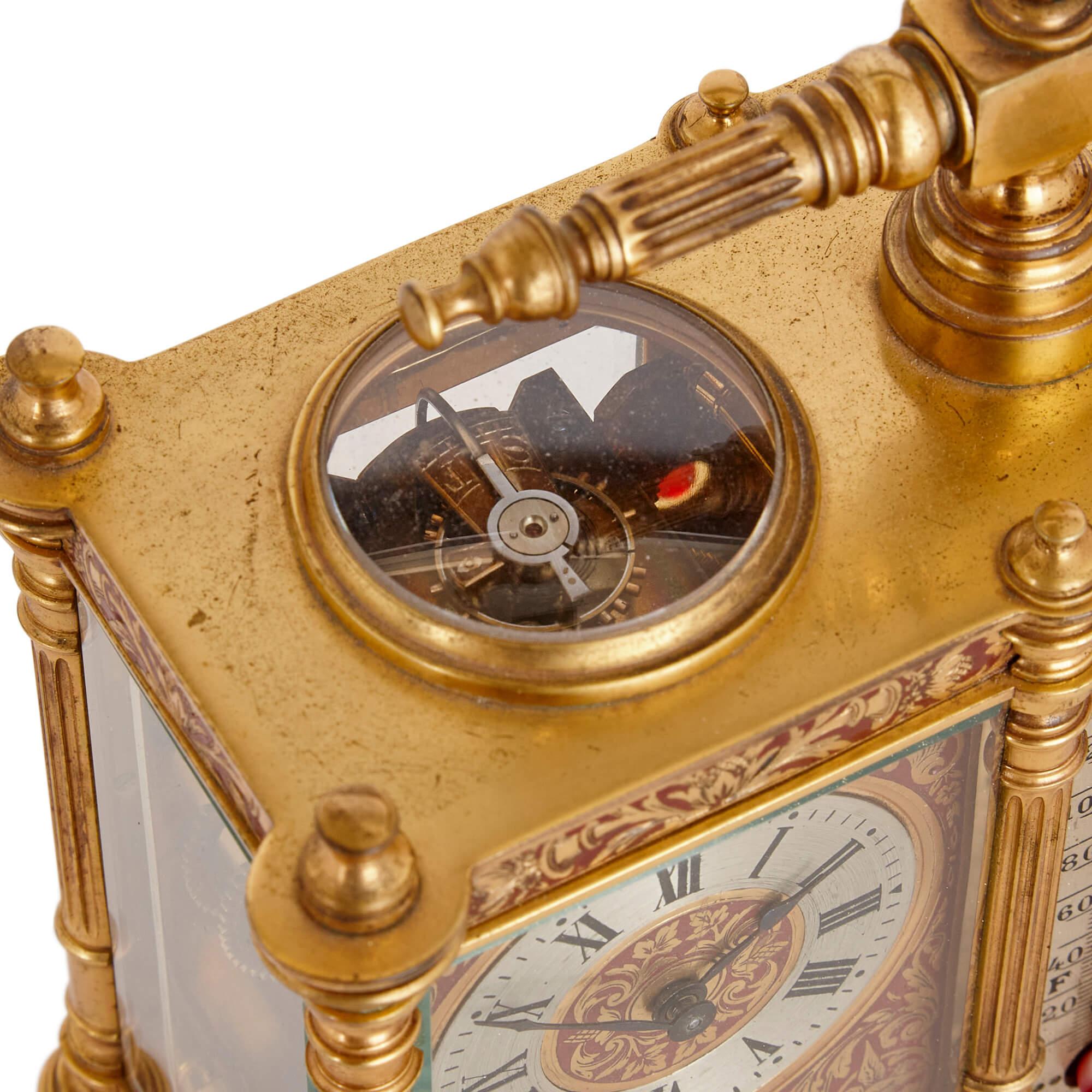 French brass and red enamel compendium carriage clock and barometer In Good Condition For Sale In London, GB