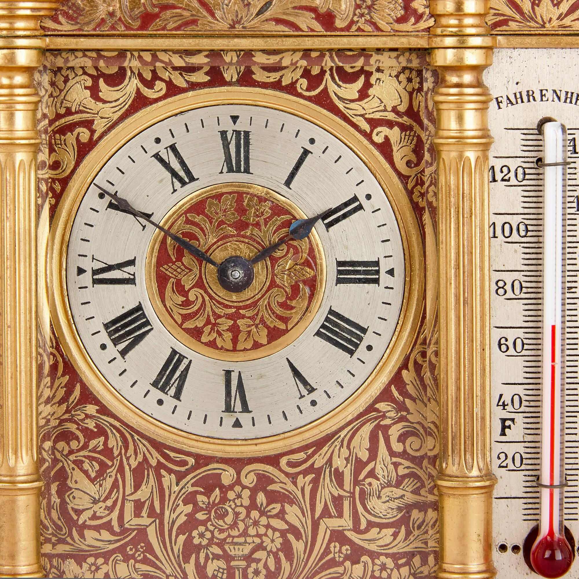 19th Century French brass and red enamel compendium carriage clock and barometer For Sale