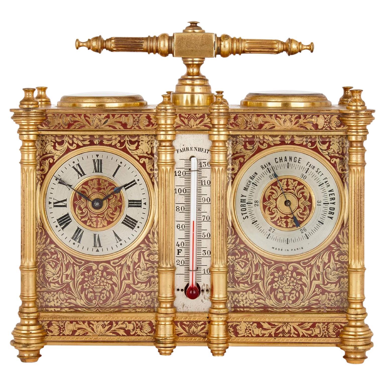 French brass and red enamel compendium carriage clock and barometer