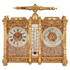 Horloge et baromètre français à chariot compendium en laiton et émail rouge