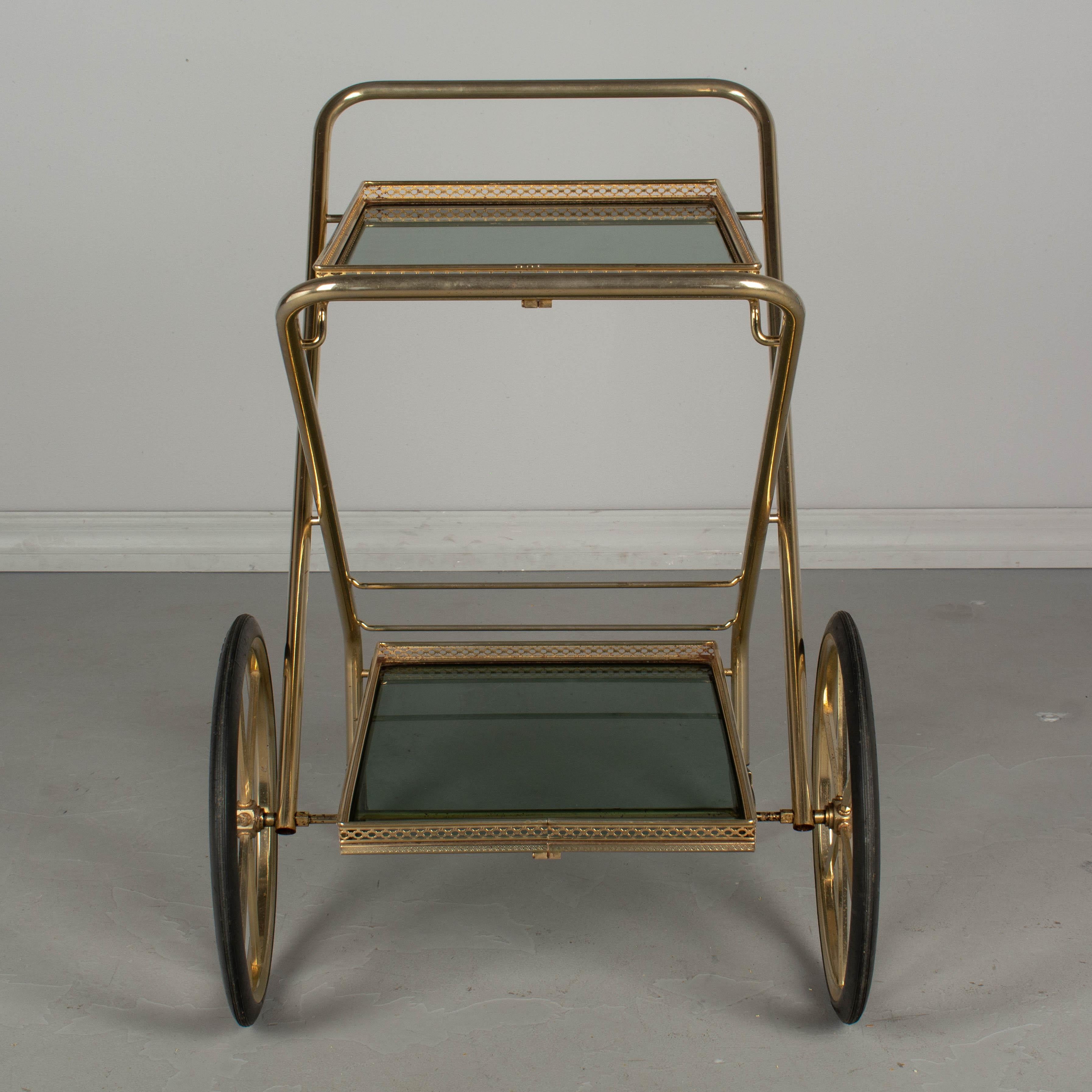 Mid-Century Modern French Brass and Smoke Glass Folding Bar Cart