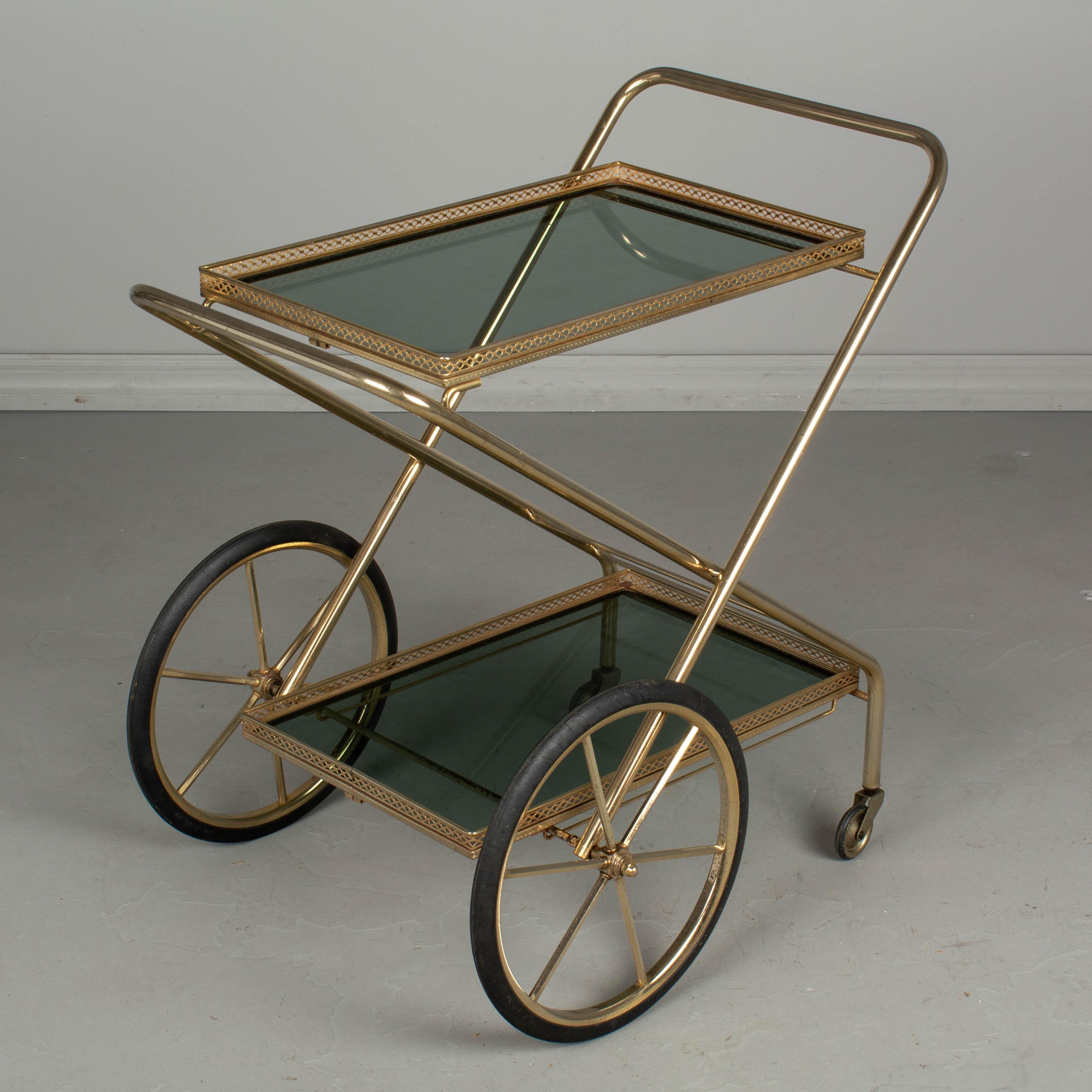 20th Century French Brass and Smoke Glass Folding Bar Cart