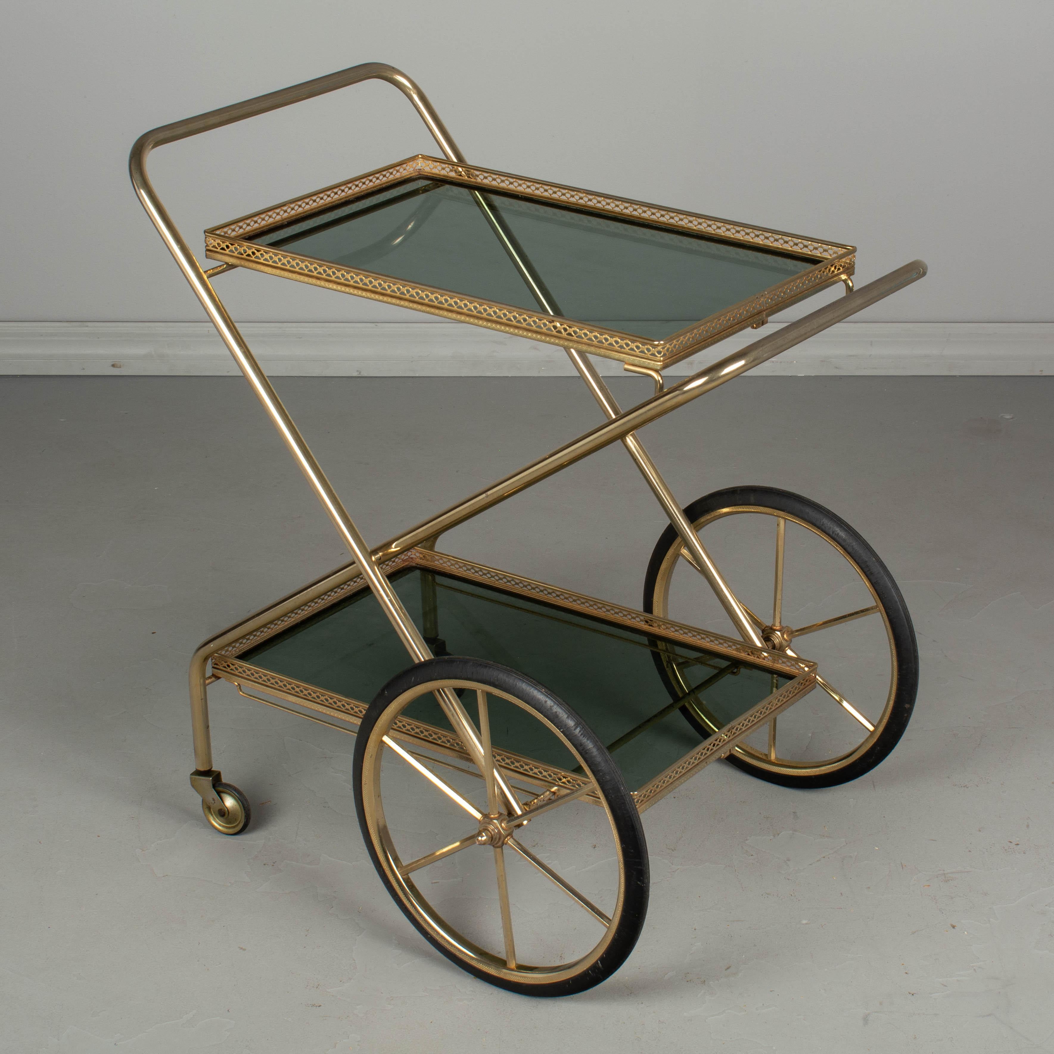 French Brass and Smoke Glass Folding Bar Cart 1