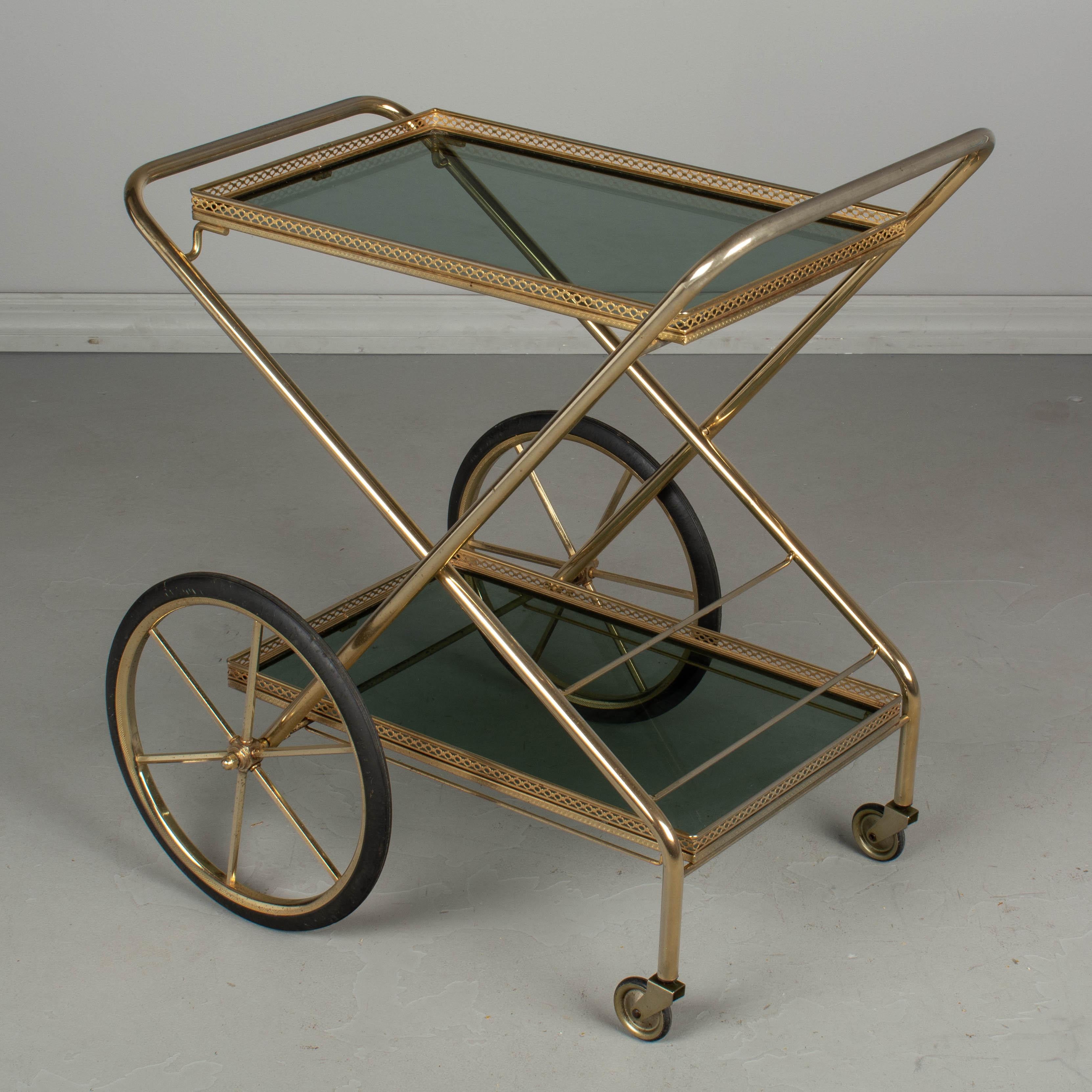 French Brass and Smoke Glass Folding Bar Cart 2