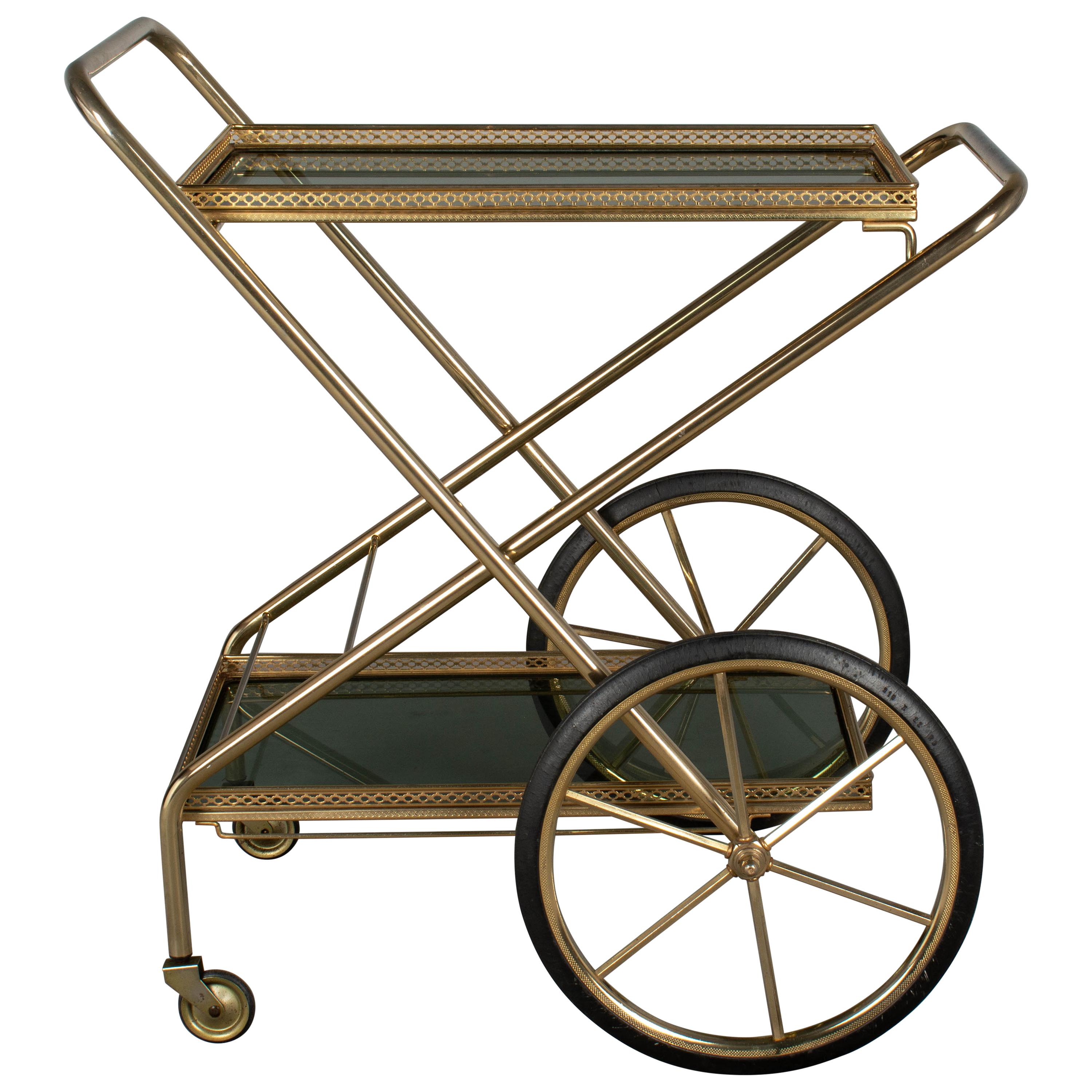 French Brass and Smoke Glass Folding Bar Cart