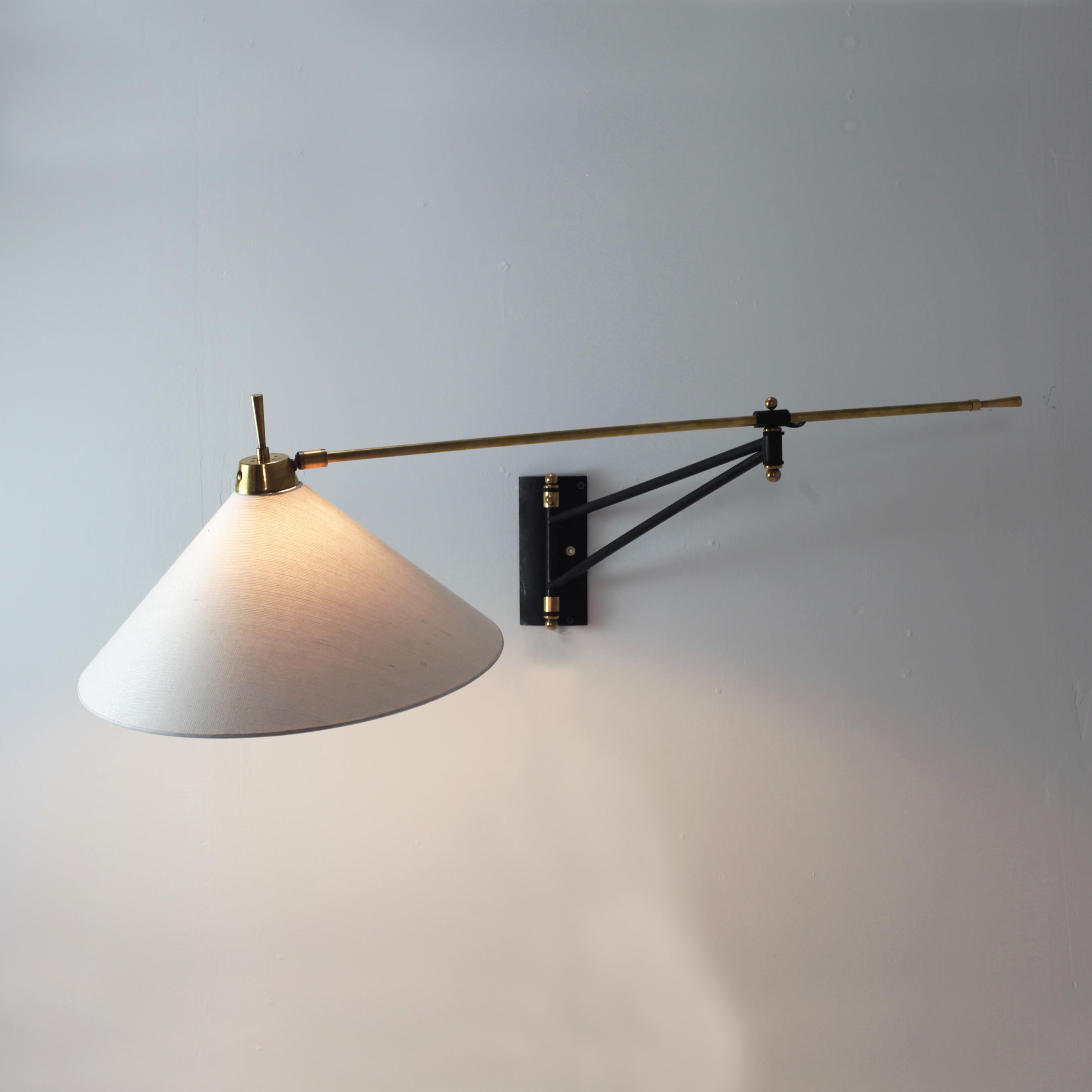 Mid-Century Modern French Brass and Steel Swing Arm Wall Lamp, 1950