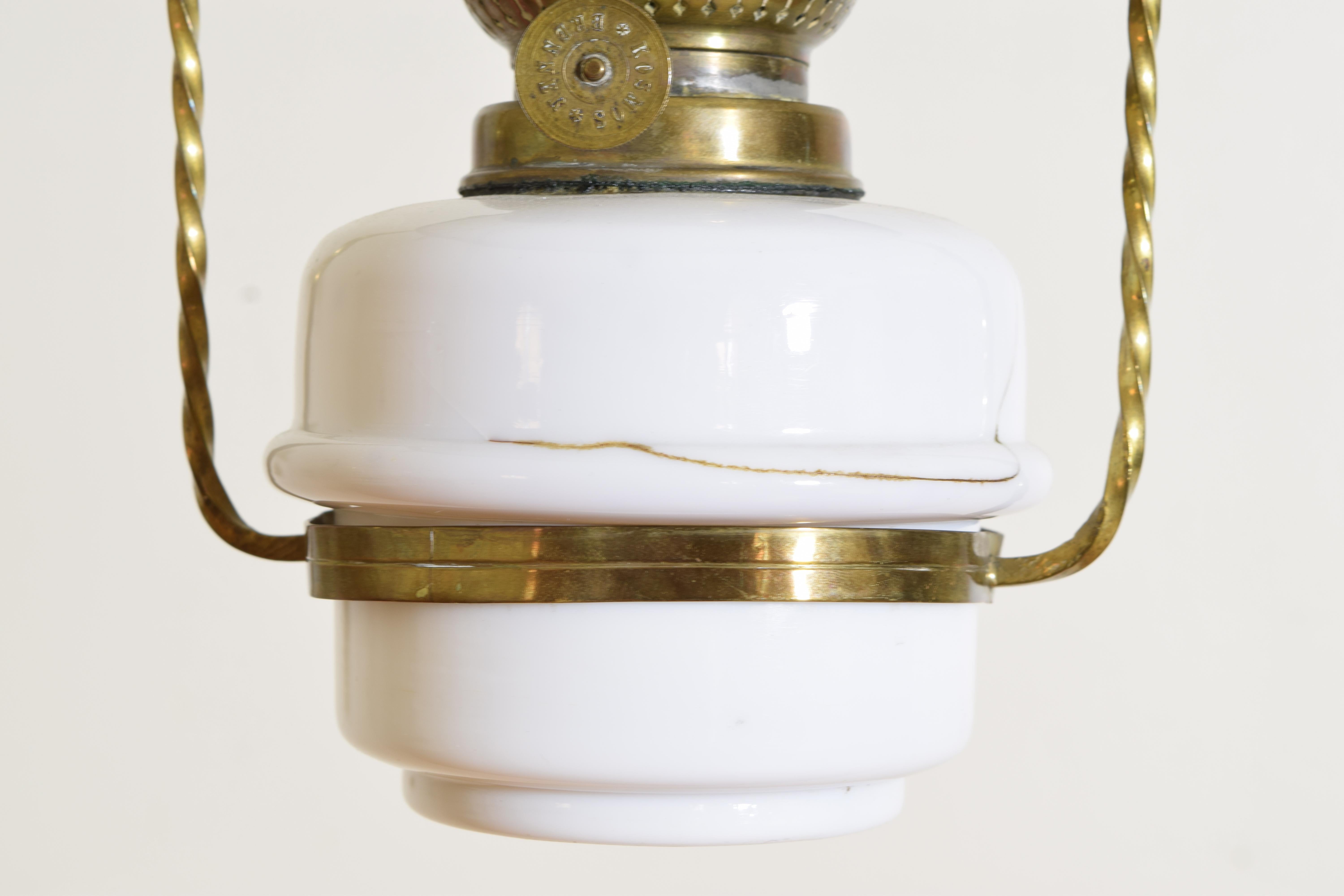 French Brass and White Glass Hanging Oil Lamp, now electrified, early 20th cen. For Sale 4